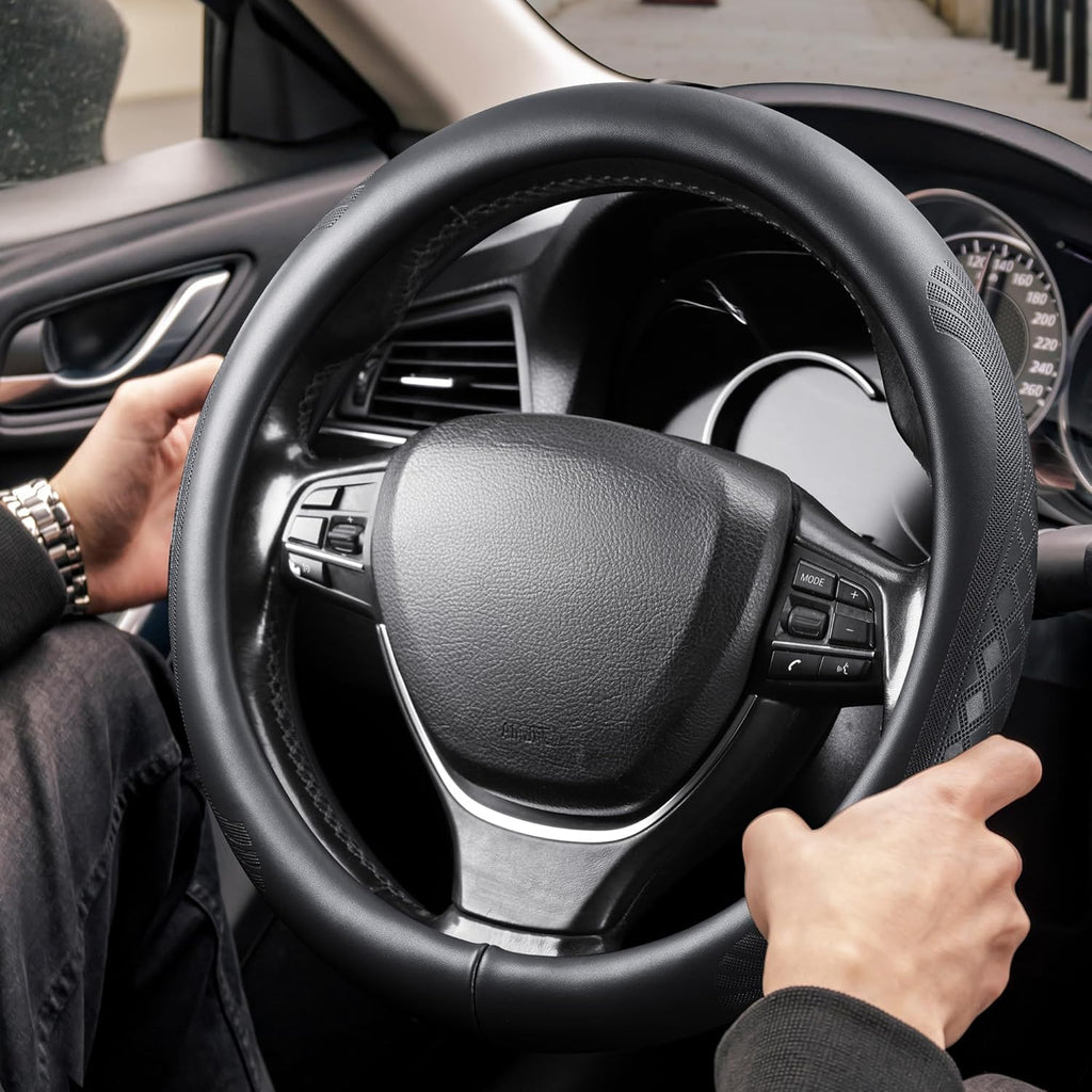 【2025 Model】 High-Grade Real Cowhide Steering Wheel Cover，Black Genuine Leather Steering Wheel Cover for Cars,Universal 15 inch Steering Wheels,Grid & Square Motif