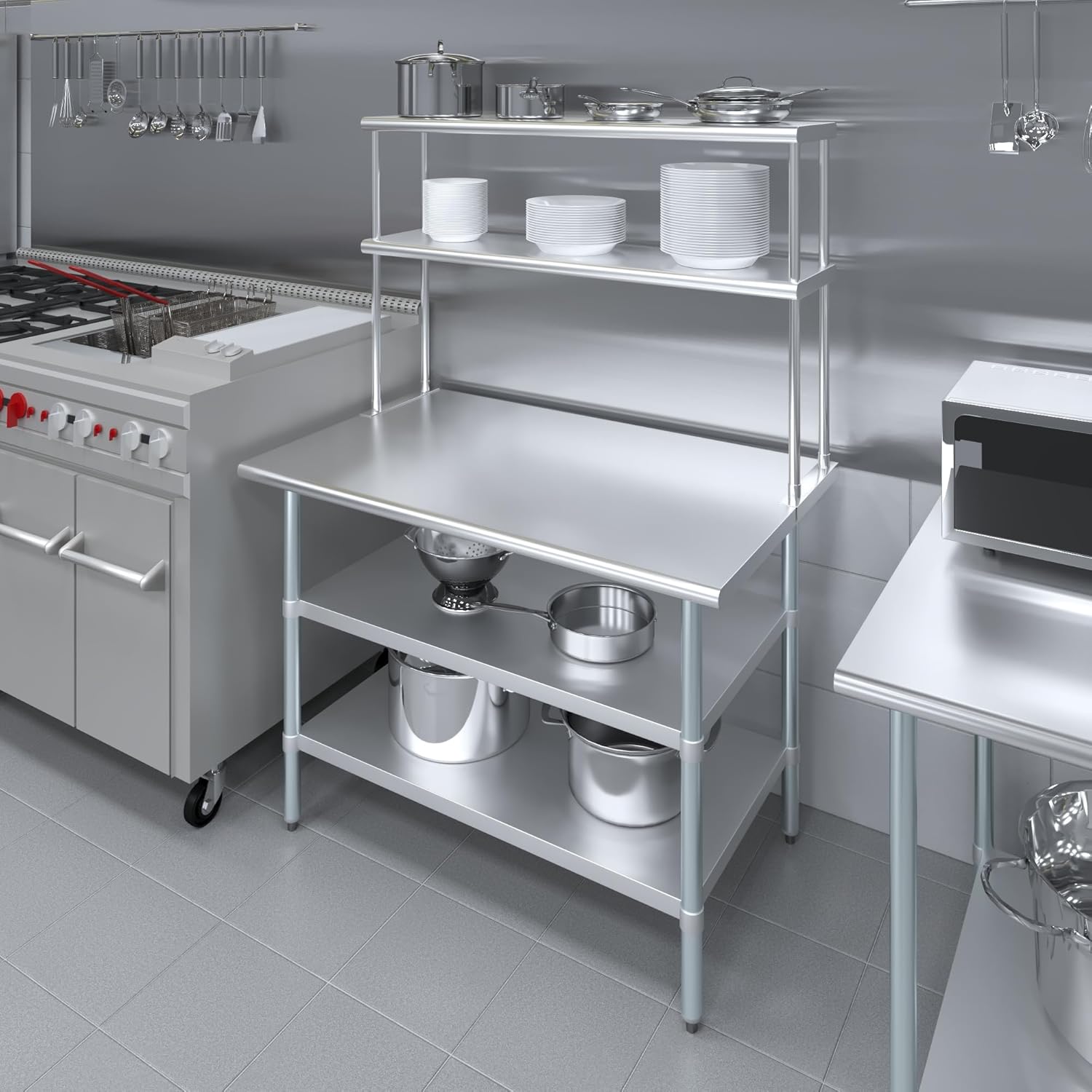Amgood Stainless Steel Work Table with 2 Shelves | 30" x 48" Table with 2 Shelves + 12" Overshelf
