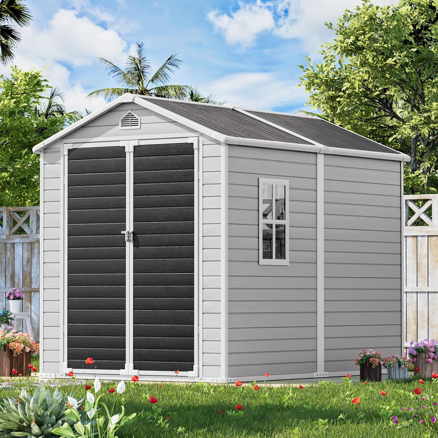Restland 8x6 FT Resin Storage Shed with Floor, Waterproof Outdoor Plastic Sheds with Window for Backyard Garden Patio Lawn Tools, Gray
