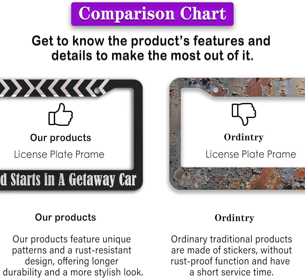 License Plate Frames Black and White Fun License Plate Frame Cover Nothing Good Starts in a Getaway Car Universal Aluminum Car Accessory 2 Pack with Screw Covers Set