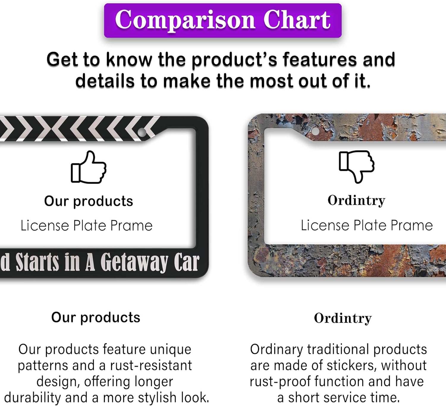 License Plate Frames Black and White Fun License Plate Frame Cover Nothing Good Starts in a Getaway Car Universal Aluminum Car Accessory 2 Pack with Screw Covers Set