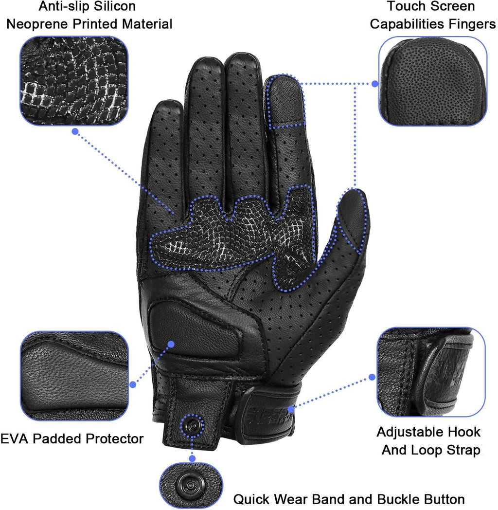 Updated Breathable Leather Motorcycle Gloves with Knuckle Armored Motorbike Gloves for Men (Updated,Perforated, XL)