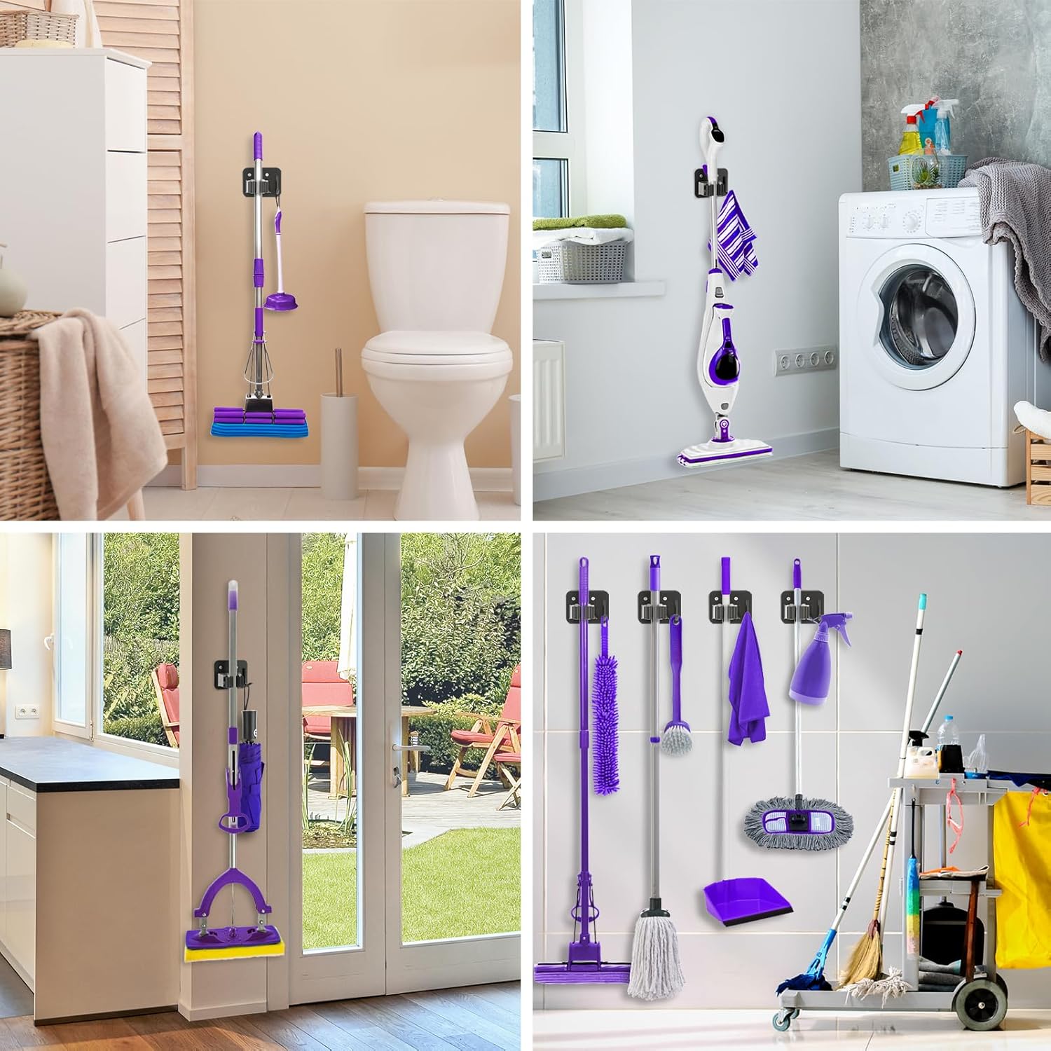 Broom Holder Wall Mount Screw Drilling, Sturdy Heavy Duty Stainless Steel Mop Gripper Rack Perforated, Perfect for Laundry Room Organizer, Fit with Laundry Kitchen Garage Garden Storage System