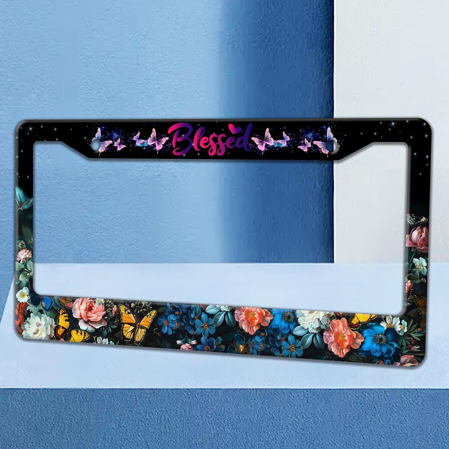 Blessed License Plate Frame Beautiful Butterfly Flowers License Plate Holders Funny Stainless Steel Auto Accessory Bracket 2 Hole with Screws Universal Us Car License Plate Frames 6x12 Inch