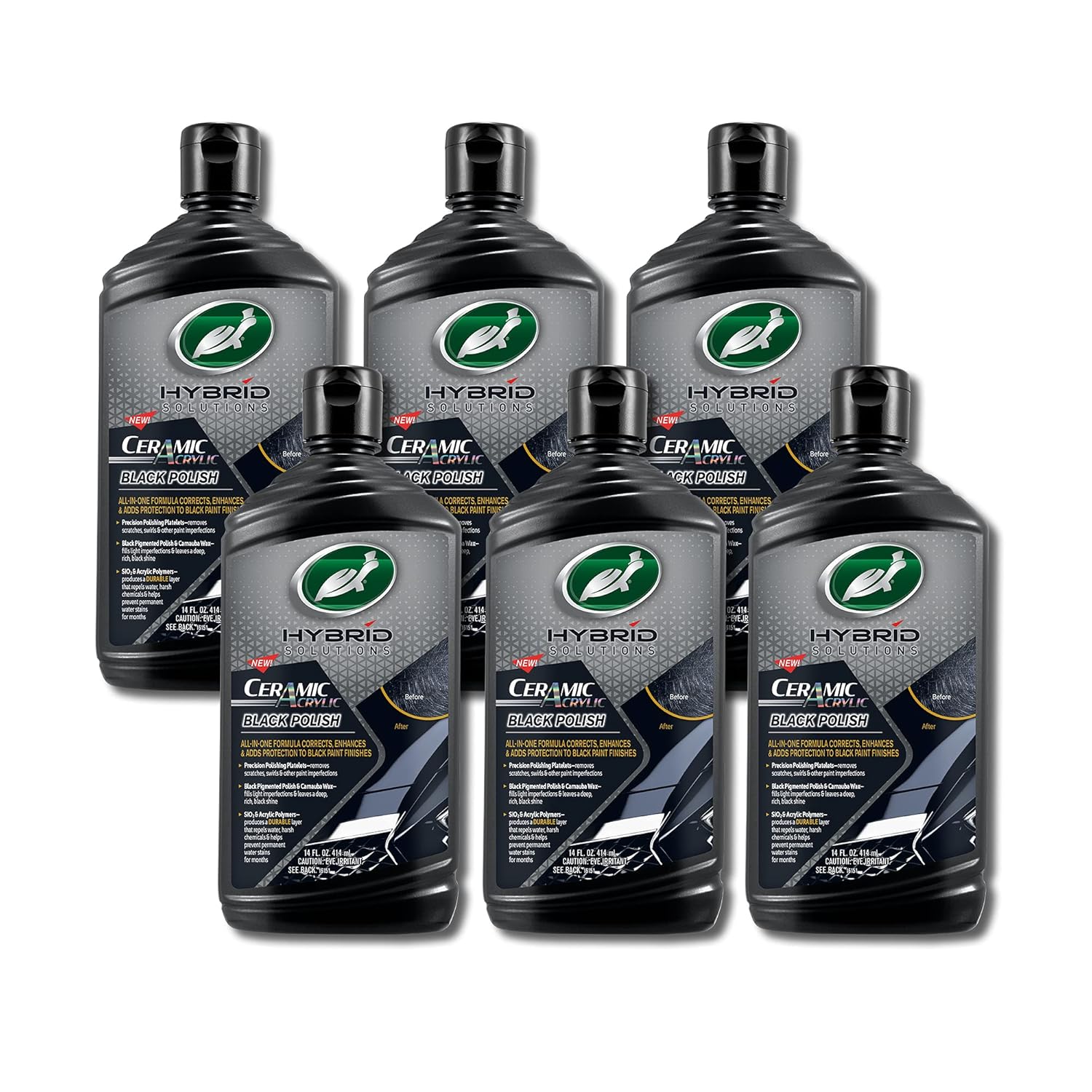 Turtle Wax 53448-6PK Hybrid Solutions Ceramic Acrylic Black Polish and Wax Formulated for Black Car Paint, Removes Surface Scratches and Swirl Marks, Provides Water Repellency, 14 oz. (Pack of 6)