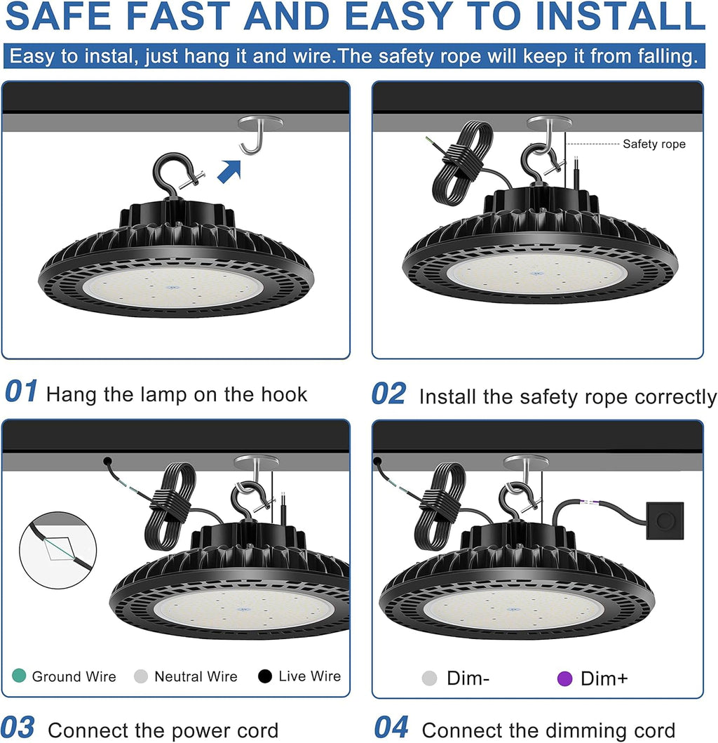 6 Pack 300W LED High Bay Light, UL&DLC Listed 41000LM Dimmable UFO High Bay LED Lights for Warehouse, 5000K Daylight IP65 Waterproof Commercial Bay Lighting 𝐀𝐂𝟏𝟎𝟎-𝟐𝟕𝟕𝐕