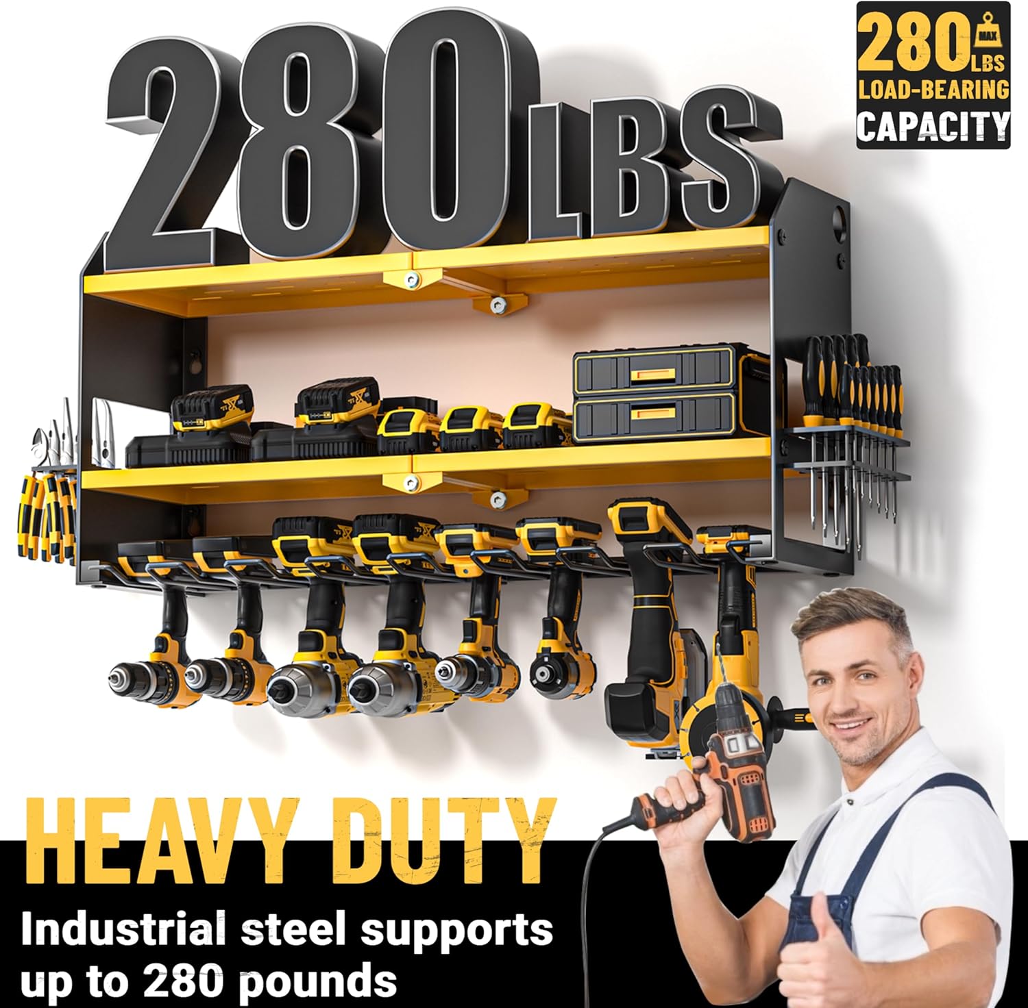 YYR Power Tool Organizer Wall Mount, Cordless Drill and Battery Holder, Electric Tools Hanger Storage Rack with Charging Station, Garage Organization Floating Shelf - Made of Heavy Duty Metal, Yellow