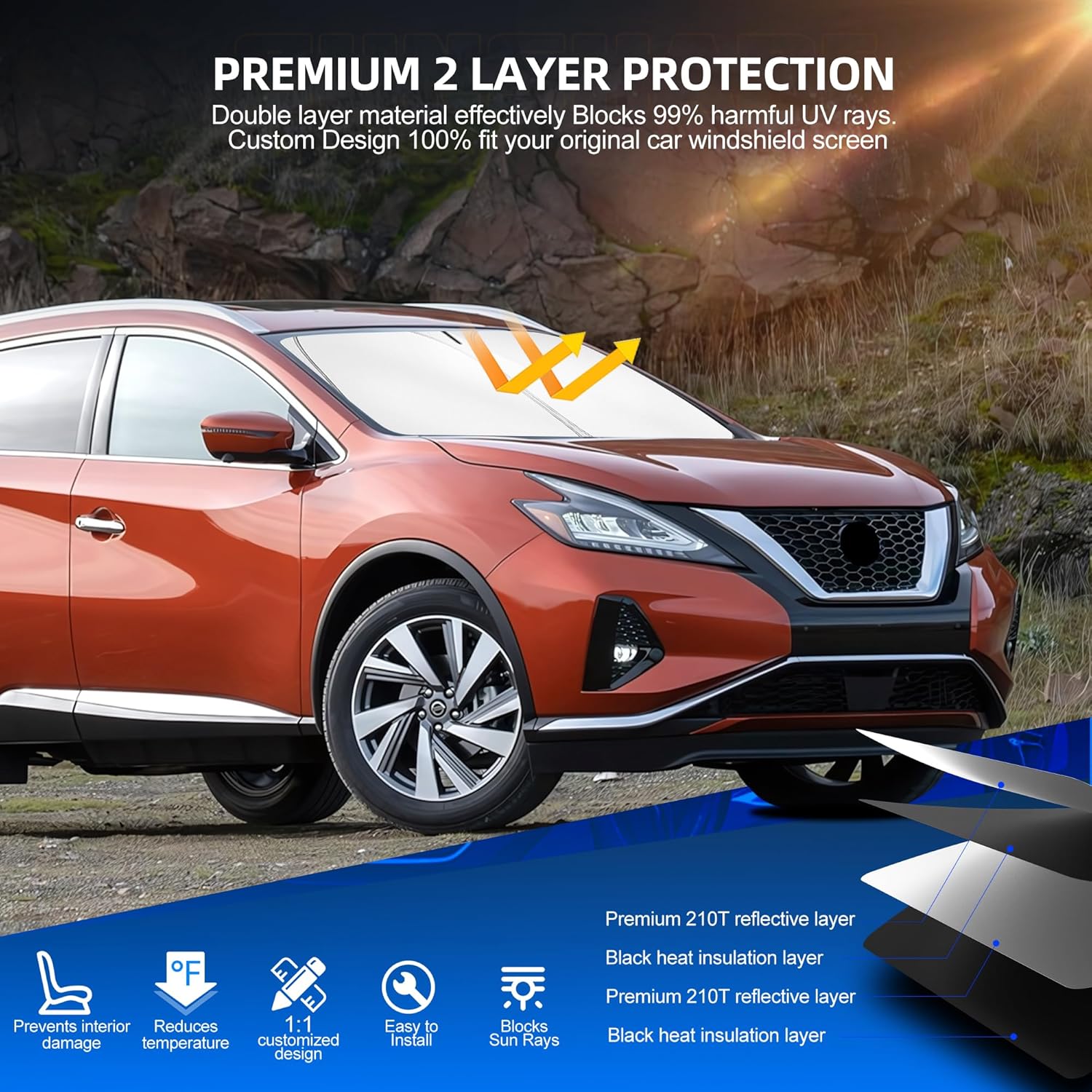 Windshield Sun Shade for Ni-ss-an Murano 2015-2024 Foldable Sunshade Custom Fit Front Window Car Interior Accessories Protector Blocks UV Rays