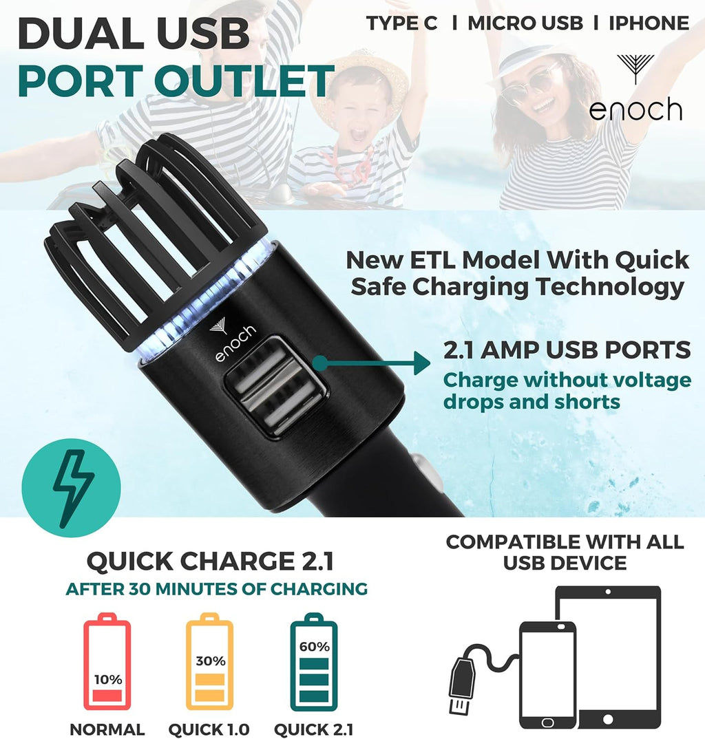 Enoch Car Air Purifier Premium Air Ionizer - 12V Plug-In Ionic Ozone Deodorizer Accessory with Dual USB Car Charger - Eliminates Cigarette Smoke, Pet and Food Odors, Dust (Black)