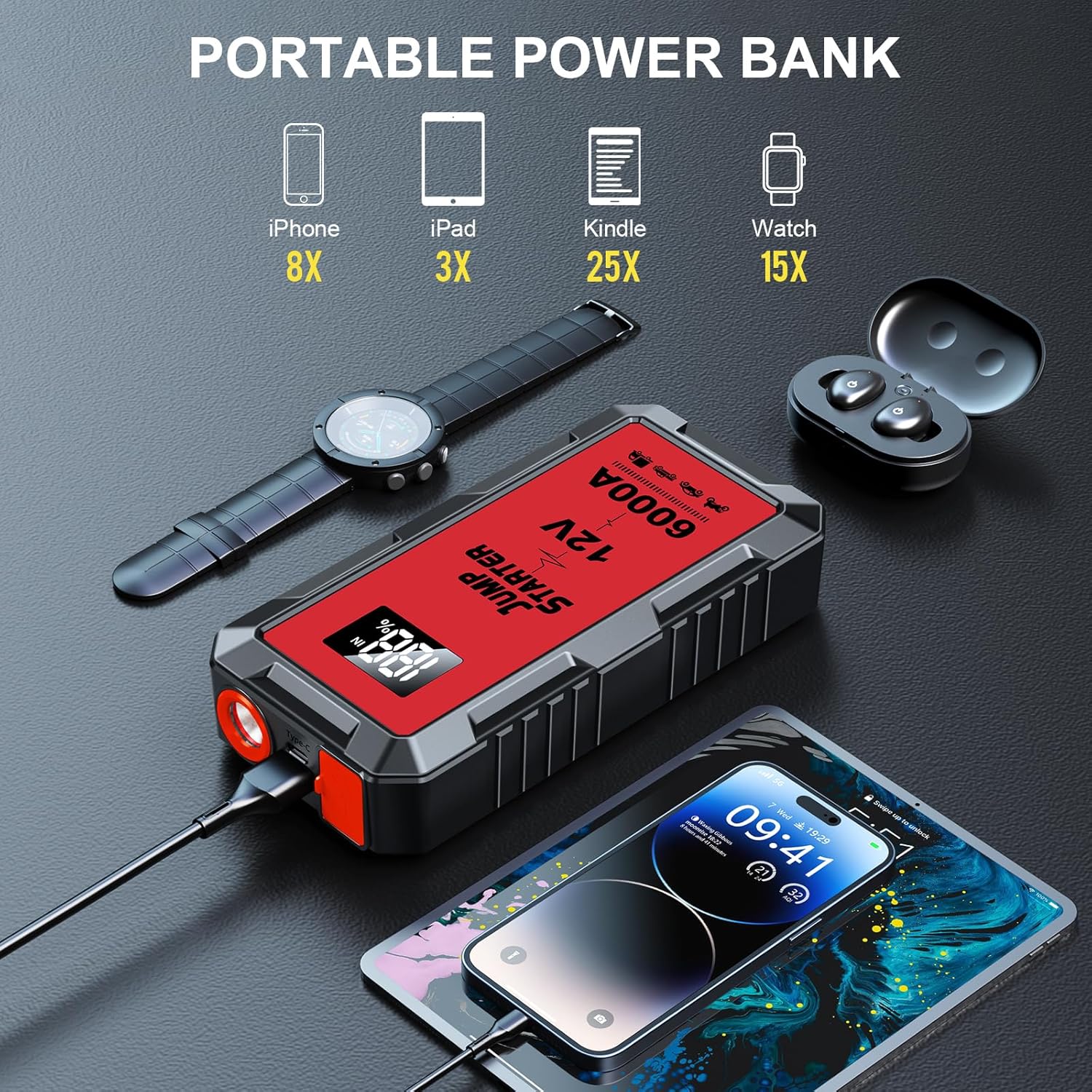 Car Battery Jump Starter with 6000A Peak Smart Clip LCD Display and 3 Modes Flashlight for Up to All Gas and 10.0L Diesel Engine 12V Auto Battery Booster Jumper Cables Portable Lithium Jump Box