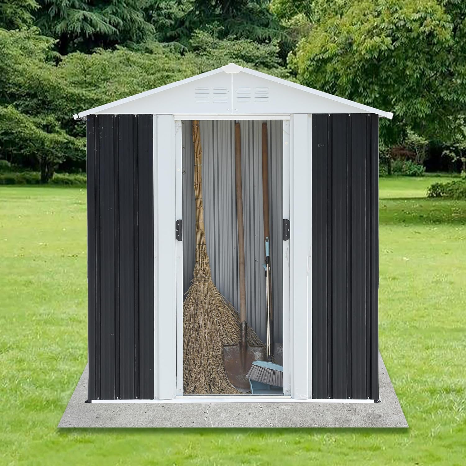 5x3 FT Outdoor Storage Shed, Metal Garden Shed with Frame Floor, Small Outside Tool Shed with Lockable Sliding Doors & 4 Air Vents, Waterproof Storage Building for Backyard, Patio, Lawn, Gray