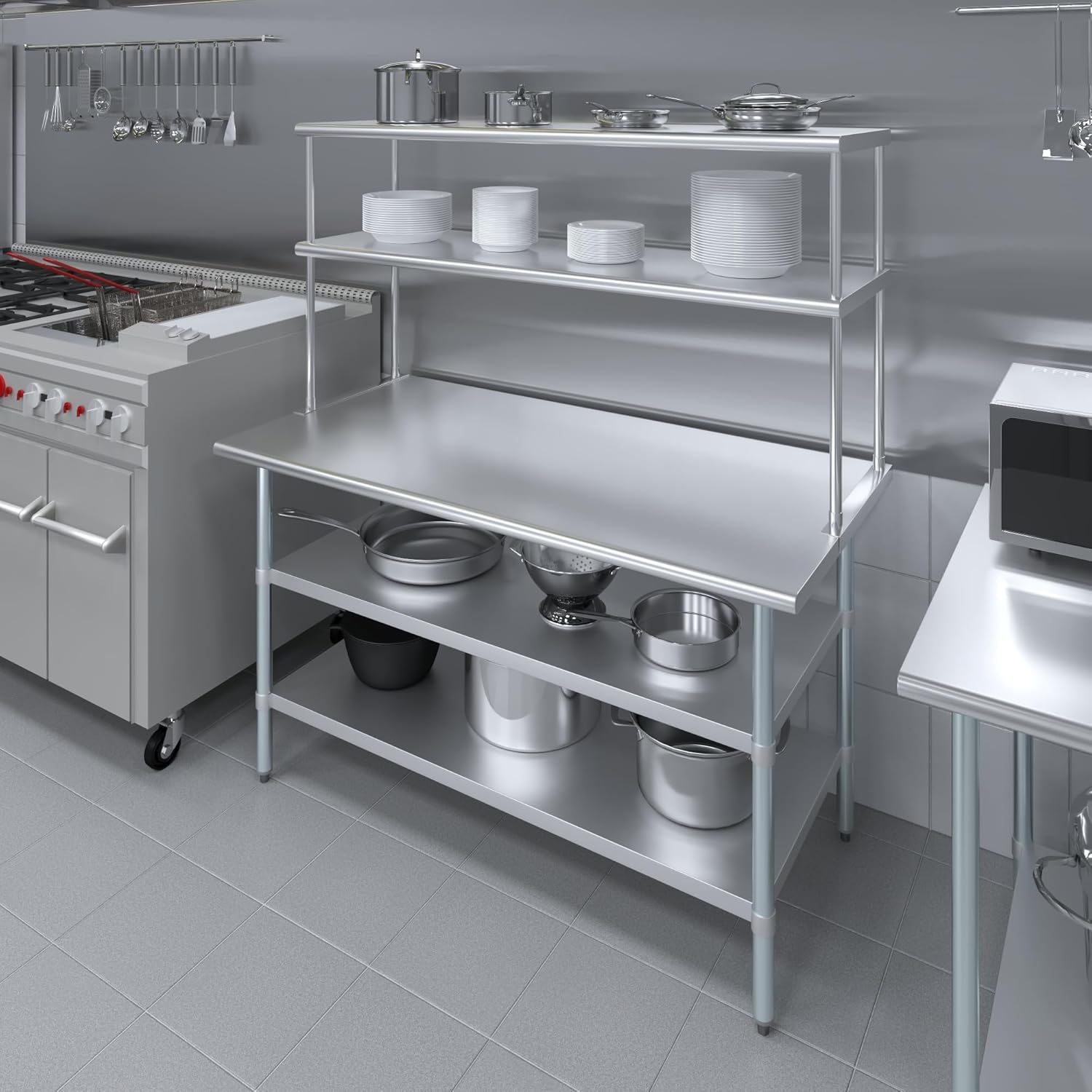 Amgood Stainless Steel Work Table with 2 Shelves | Metal Kitchen Prep Table & Shelving Combo (30" x 60" Table with 2 Shelves + 18" Overshelf)