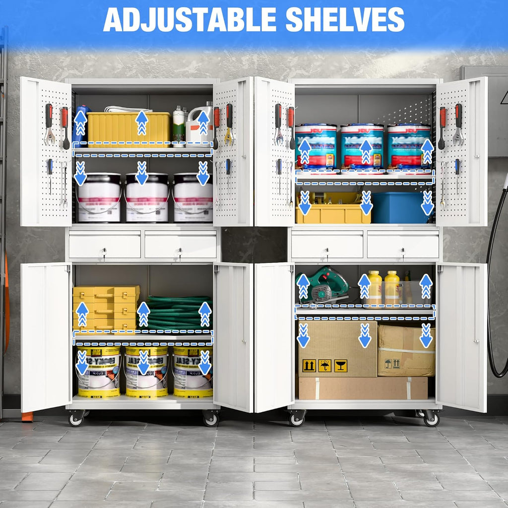Metal Garage Storage Cabinet with Locking Doors and 2 Adjustable Shelves, Rolling Tool Storage Cabinet with 4 Wheels and 2 Drawer for Garage, Warehouse, White and Gray, Assembly Required