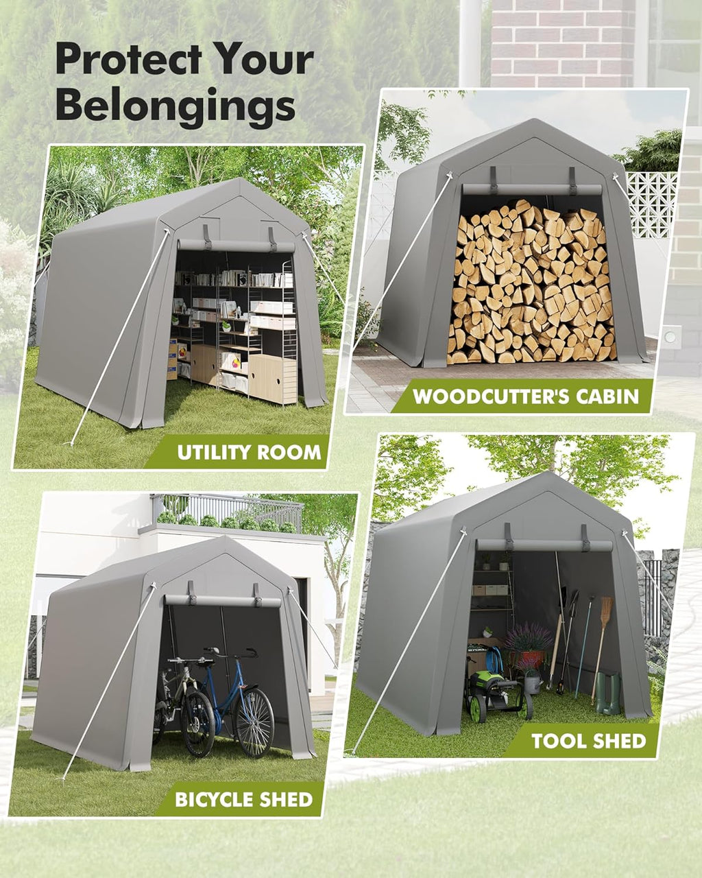 7 x 10 ft Carport Storage Shed, Portable Garage with Roll-up Zipper Door, Heavy Duty Waterproof Tarp, Storage for Motorcycle, Bike, Firewood, Garden Tools