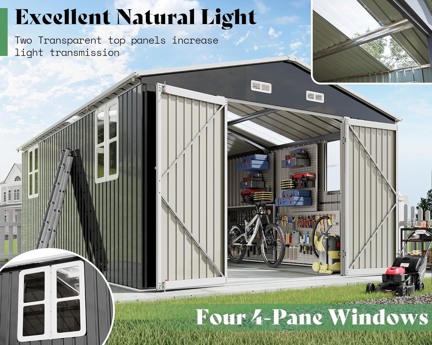 AMERLIFE 10x16.3x7 FT Galvanized Steel Storage Shed with Dual Transparent Panels, 4 4-Pane Windows & Hinged Double Doors, Outdoor Shed for Backyard, Garden, Patio, Dark Grey/White