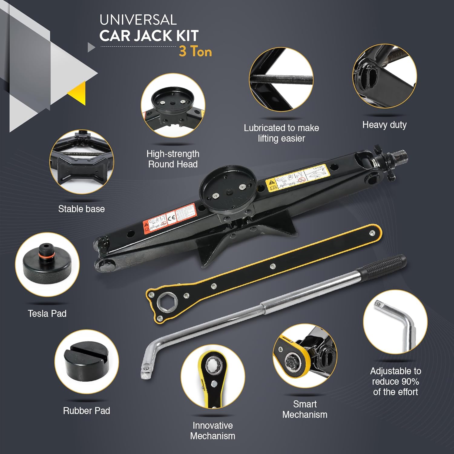 Car Jack Kit with Tesla Pad & Universal Rubber Pad | Scissor Jack for Car 3 Ton (6,600 lbs) - Tire Jack Tool Kit | Portable, Ideal for SUV and Auto - Universal Car Emergency Kit with Lug Wrench