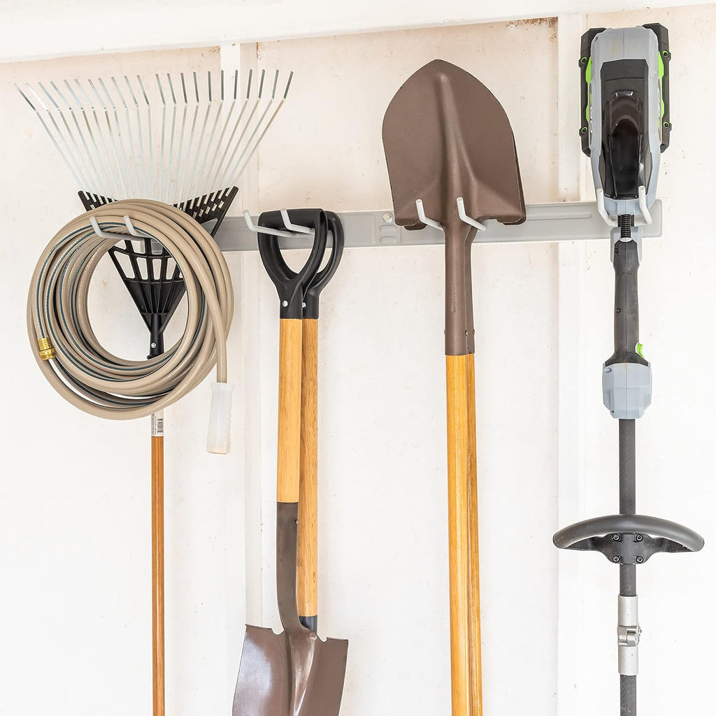 StoreYourBoard Wall-Mounted Rack With 4 Garage Hooks, Gray – Heavy-Duty Steel Holder Garage & Garden Storage for Shed, Workshop, or Home Organization – For Rakes, Shovels, Tools & More – 1 Pack, Gray
