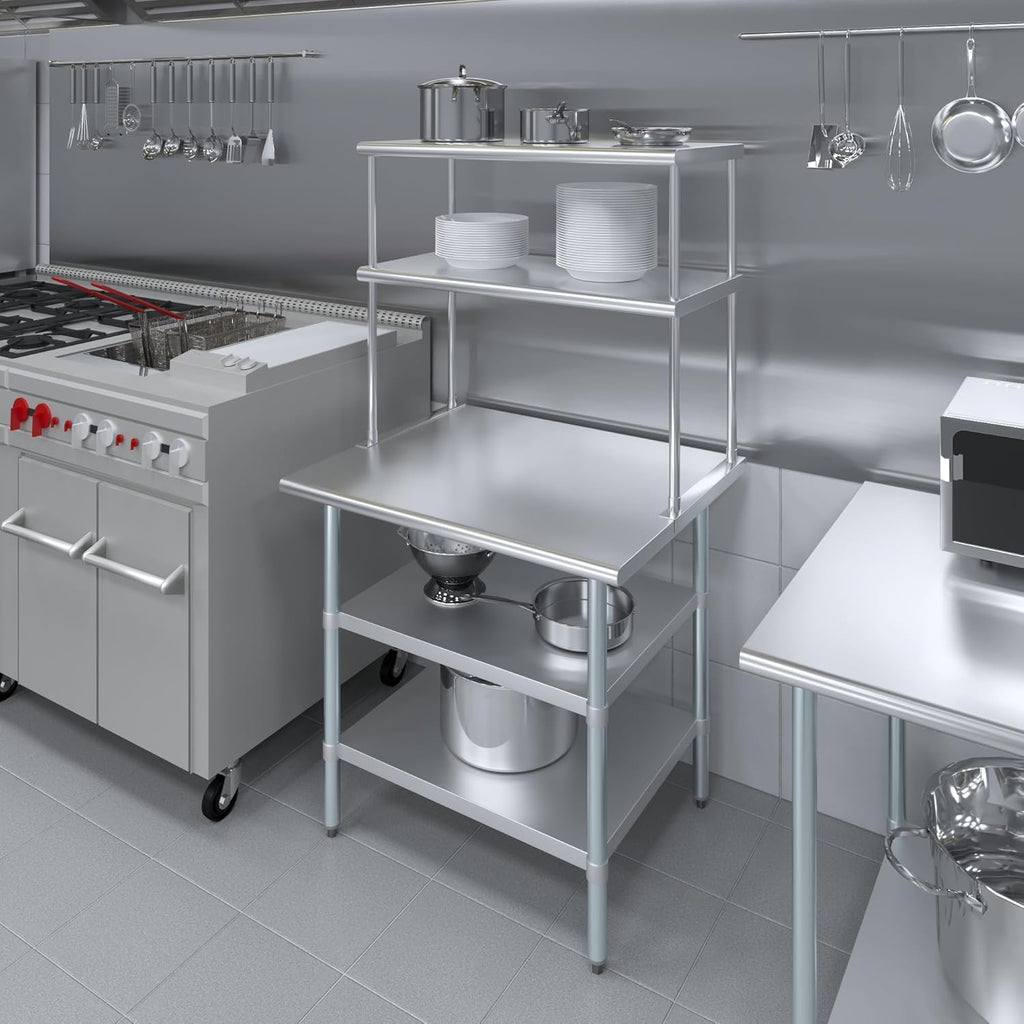 Amgood Stainless Steel Work Table with 2 Shelves | Metal Kitchen Prep Table & Shelving Combo (30" x 36" Table with 2 Shelves + 18" Overshelf)