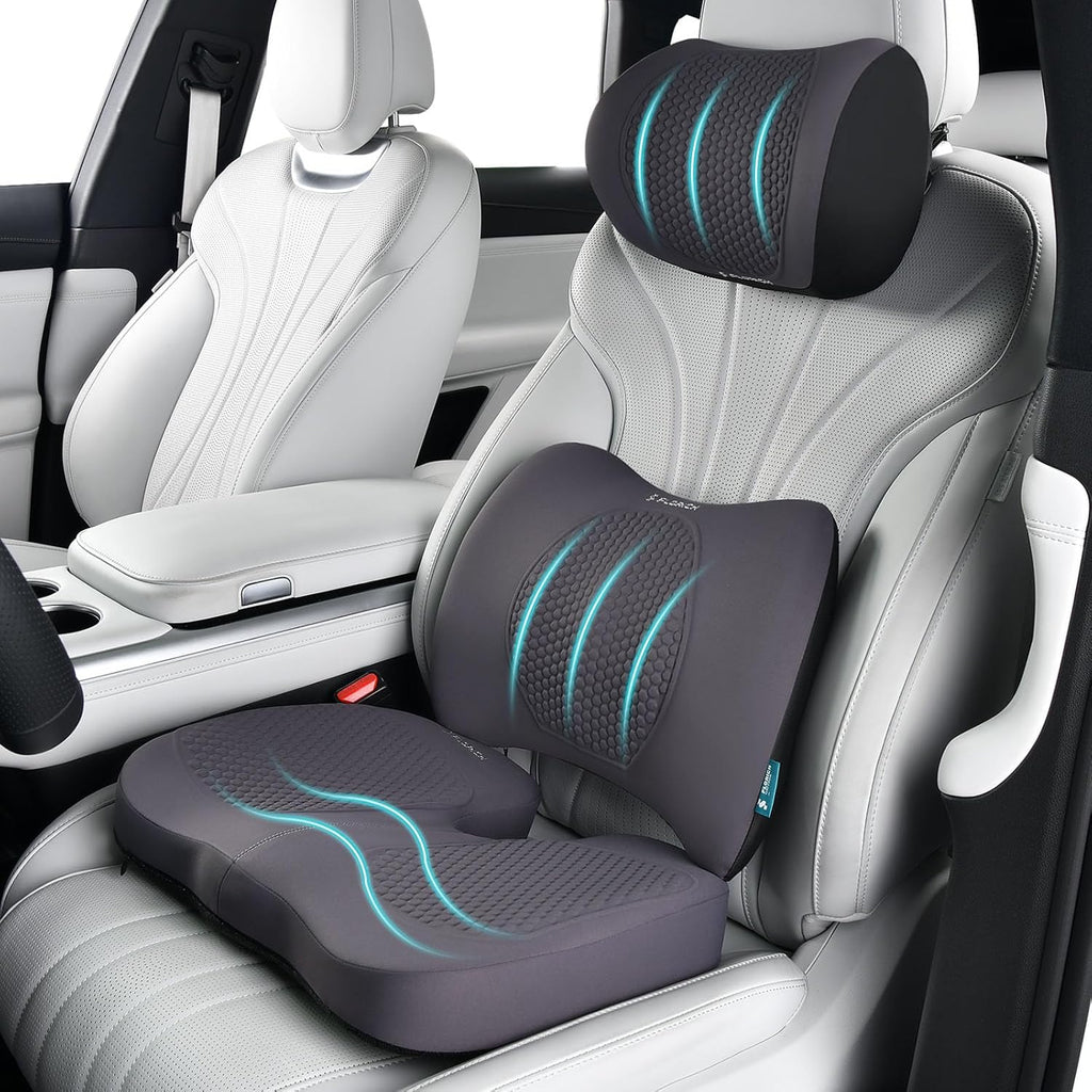 FLORICH 3 PCS Seat Cushion for Carseat Lumbar Support Pillow Car Neck Headrest Pillows Memory Foam Seat Pads Pressure Relief Back Cushion for Office Chair(Grey)