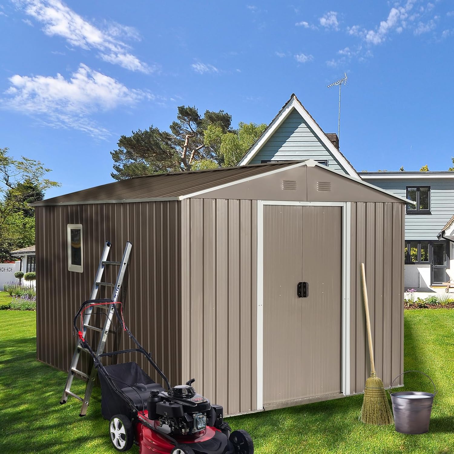 10×8FT Outdoor Metal Storage Shed Large Garden Sheds with Floor Base & Window,Sliding Doors and Padlock for Garden,Backyard,Lawn,Easy to Assemble,Grey