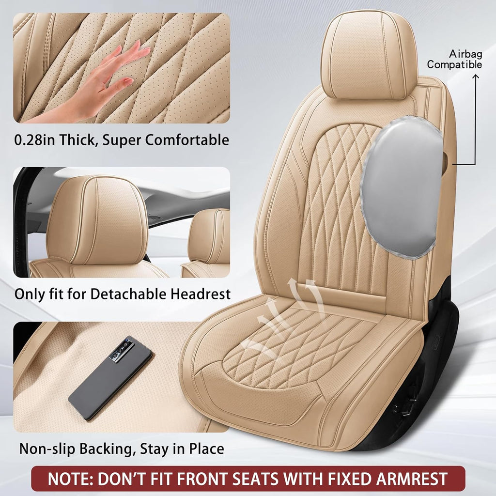 WELLDO Car Seat Covers Full Set, Leather Seat Covers for Cars, Car Seat Protector Waterproof, Non-Slip Car Interior Covers Full Set Universal Automotive Seat Covers for Most Cars SUVs, Beige