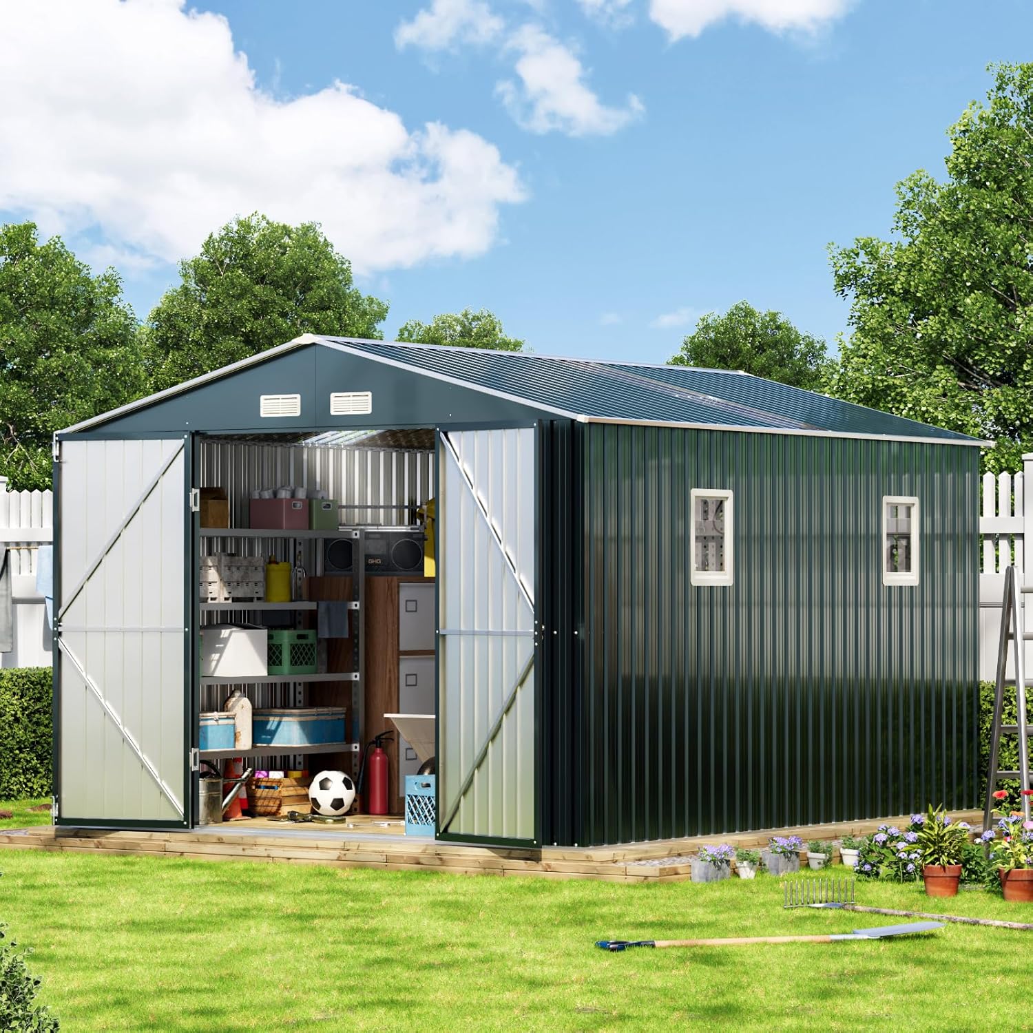 10X12X7.5 FT Outdoor Steel Storage Shed with Lockable Doors, 2 Windows, Transparent Roof Panels, Metal Frame Floor (Wood Panels Not Included), Ideal for Backyard, Patio Storage,Chicken Coop