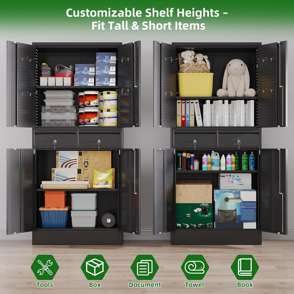 71" Metal Garage Storage Cabinet with 8 Hooks and Pegboards,2 Drawer Tool Storage with Locking Doors and Adjustable Shelves,Heavy Duty Steel Tool Cabinet for Garage, Warehouse