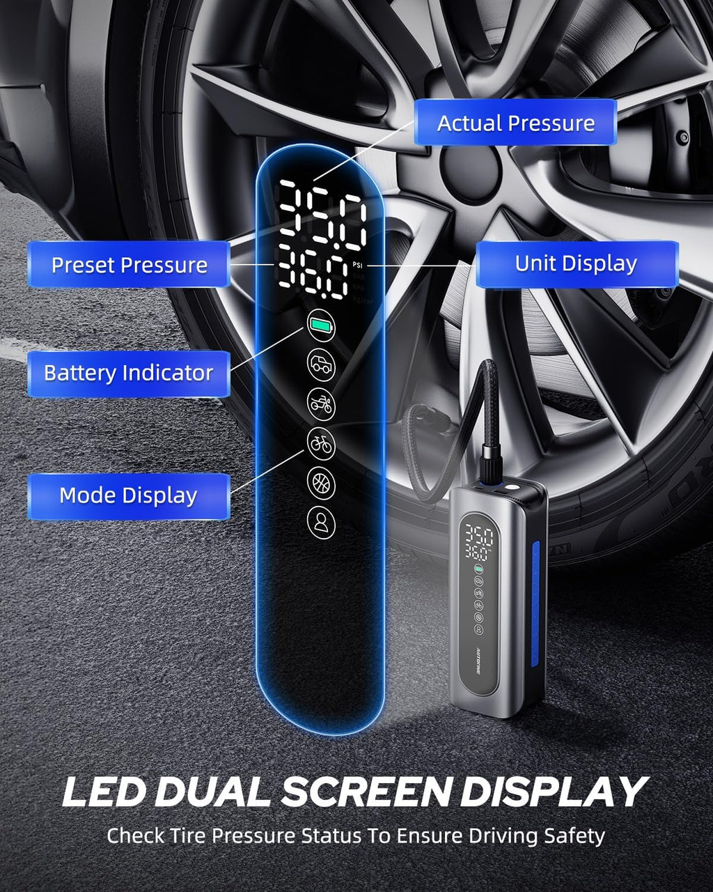AUTOONE Tire Inflator Portable Air Compressor - 4X Faster 150PSI Cordless Air Pump with Digital Tire Pressure Gauge, 12V Car Power Adapter - For Car, Motorcycle, Bike, Ball and More