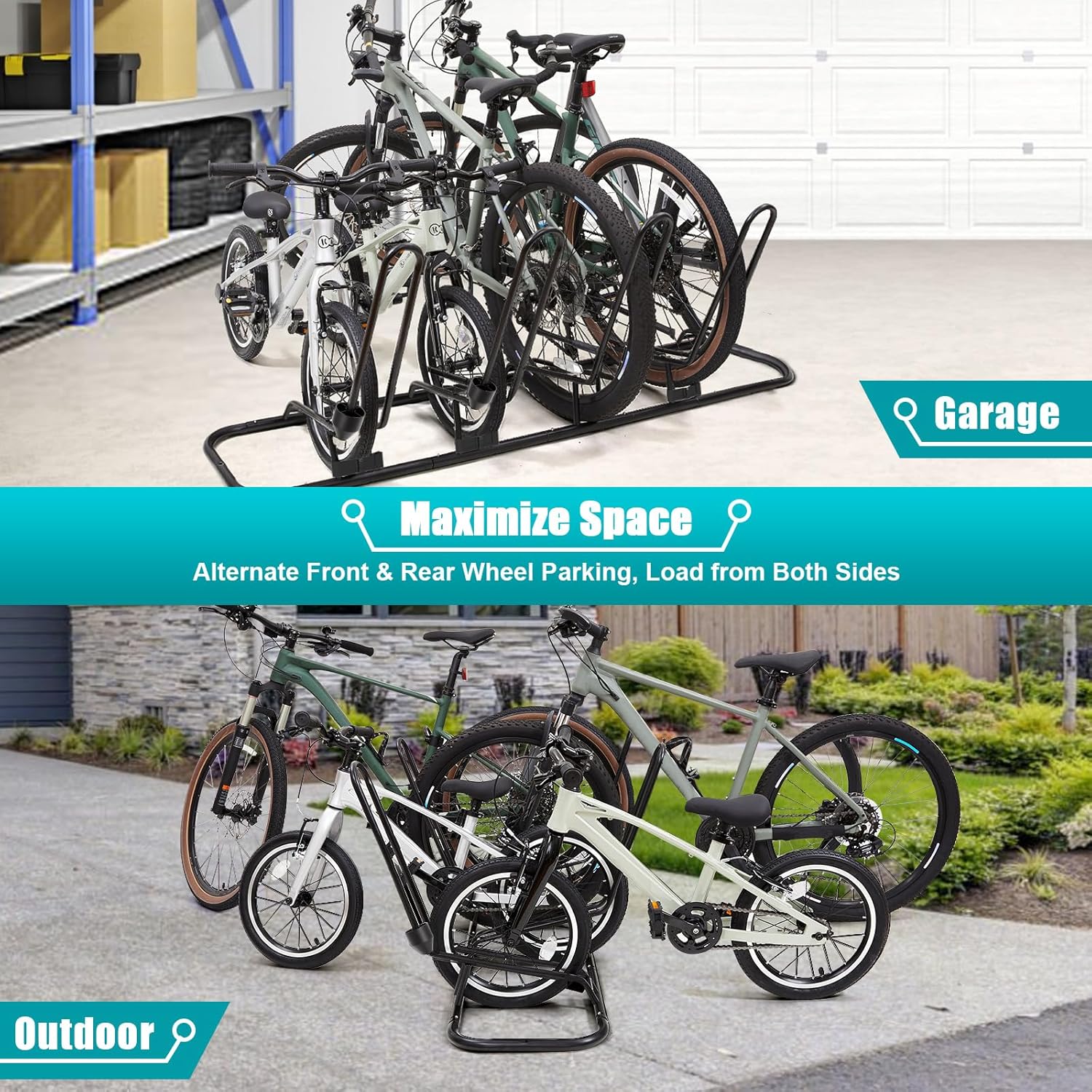 Floor Bike Rack for 4 Bikes, Bike Stand Anti-Collision Protects Disc Brake & Derailleur, Bicycle Holder Road/Kids/MTB Bicycles, Fits 12"-29" Tires, for Indoor Outdoor Garage
