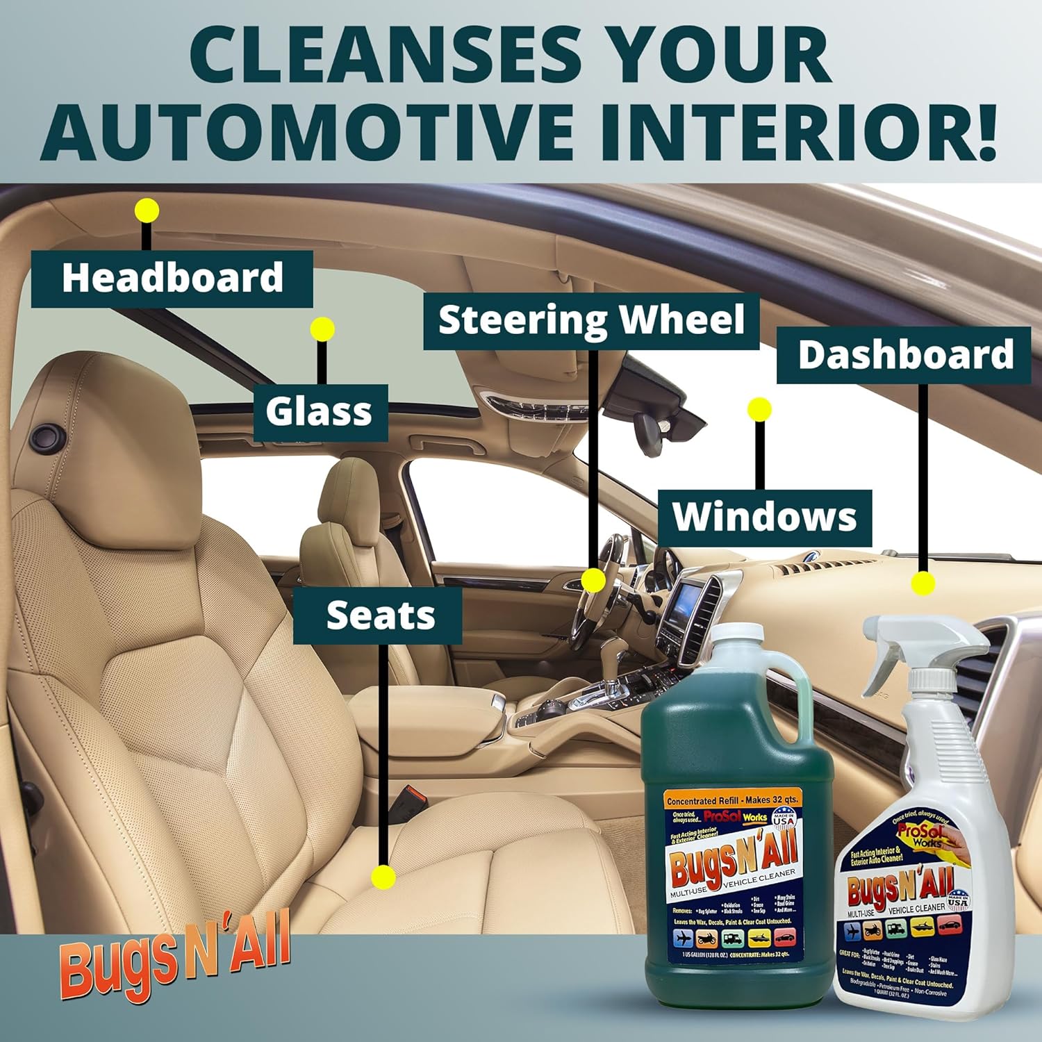 Bugs N’ All Multipurpose Car Cleaner & Degreaser - Bug & Tar Remover Concentrate 1 Gallon - Exterior Cleaner Safe for Car Paint, Metal, Chrome, Aluminum, Windows & Mirrors - w/Free 32 oz Spray Bottle