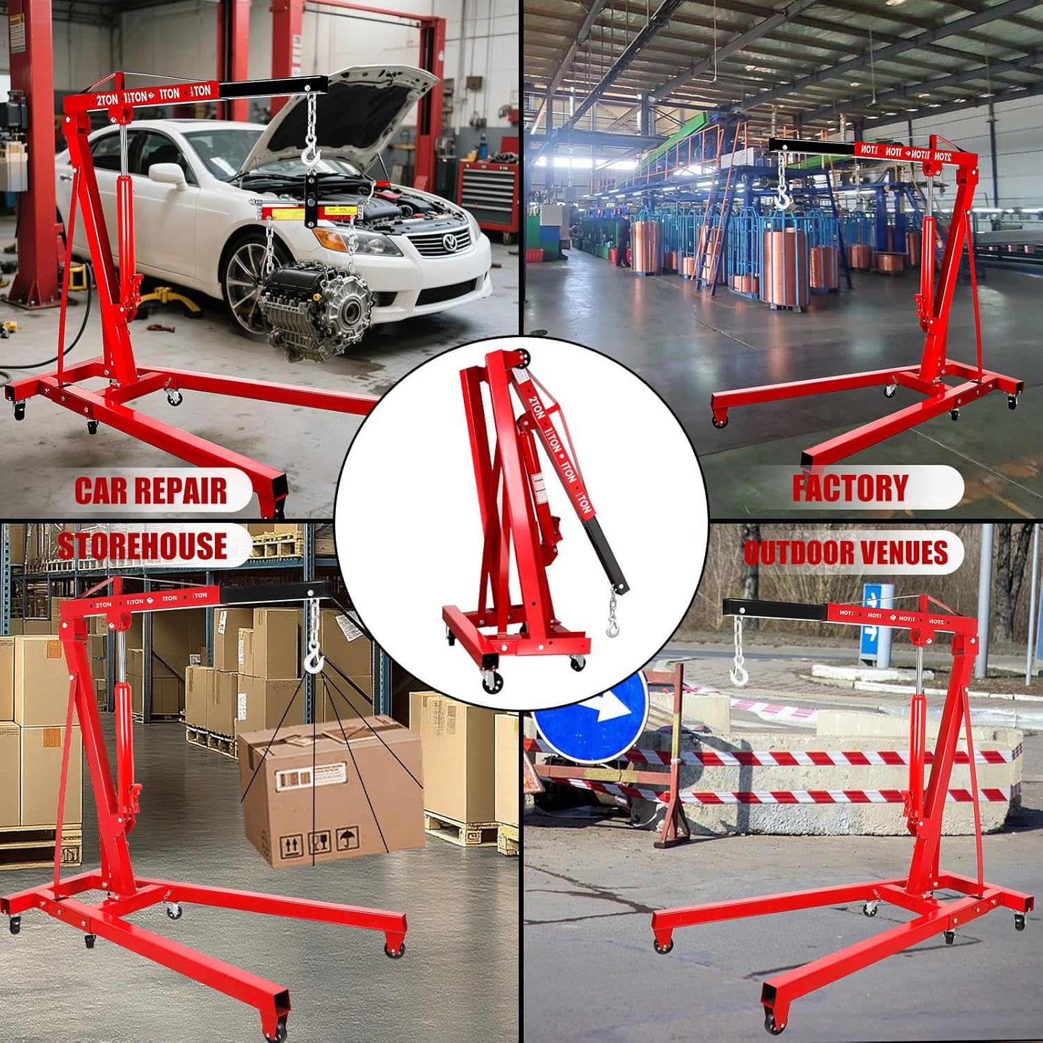 2 Ton Engine Hoist, Folding Hydraulic Cherry Picker Engine Hoist, 60.6x37x56.2 Inch Alloy Steel Hydraulic Lift with Lever, 6 Swivel Wheels and Engine Leveler, Garage Auto Repair Tools (Red)