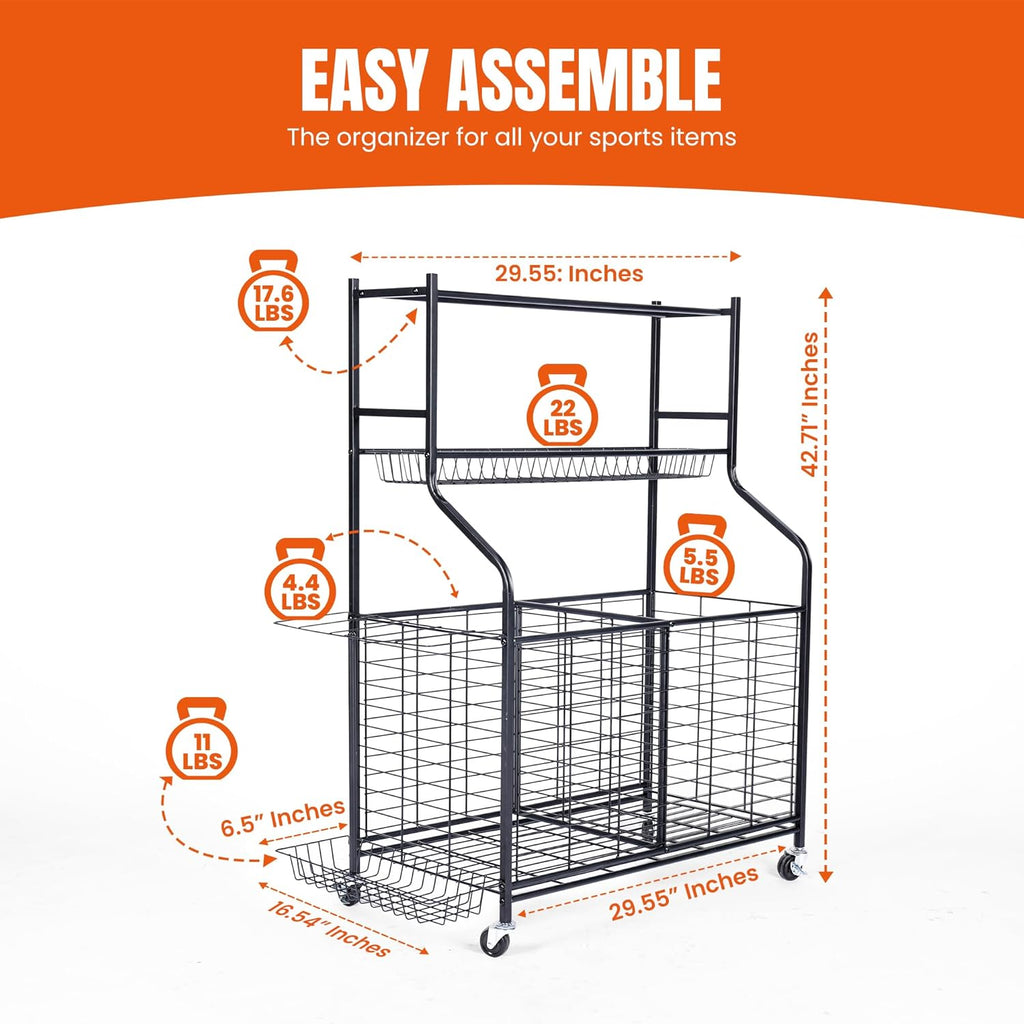 Sports Equipment Organizer - 29.6" W x 42.7" H - Rolling Garage Ball Storage Rack - Golf Bag Storage Stand & Other Sports Equipment & Toys - Indoor/Outdoor Stand - Removable Basket