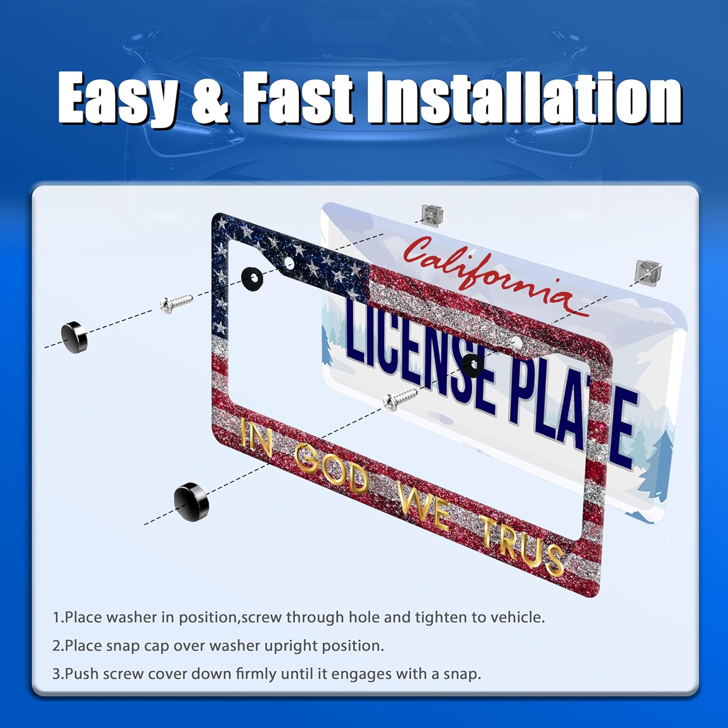 in God We Trust License Plate Frame American Flag License Plate Stainless Steel Funny License Plate Holder Personalized Christian Car Accessory Decoration 12.3" x 6.3"for Men Women