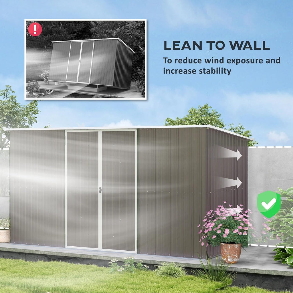 Outsunny 11' x 6' Outdoor Storage Shed, Galvanized Metal Utility Garden Tool House, 2 Vents and Lockable Door for Backyard, Bike, Patio, Garage, Lawn, Light Gray