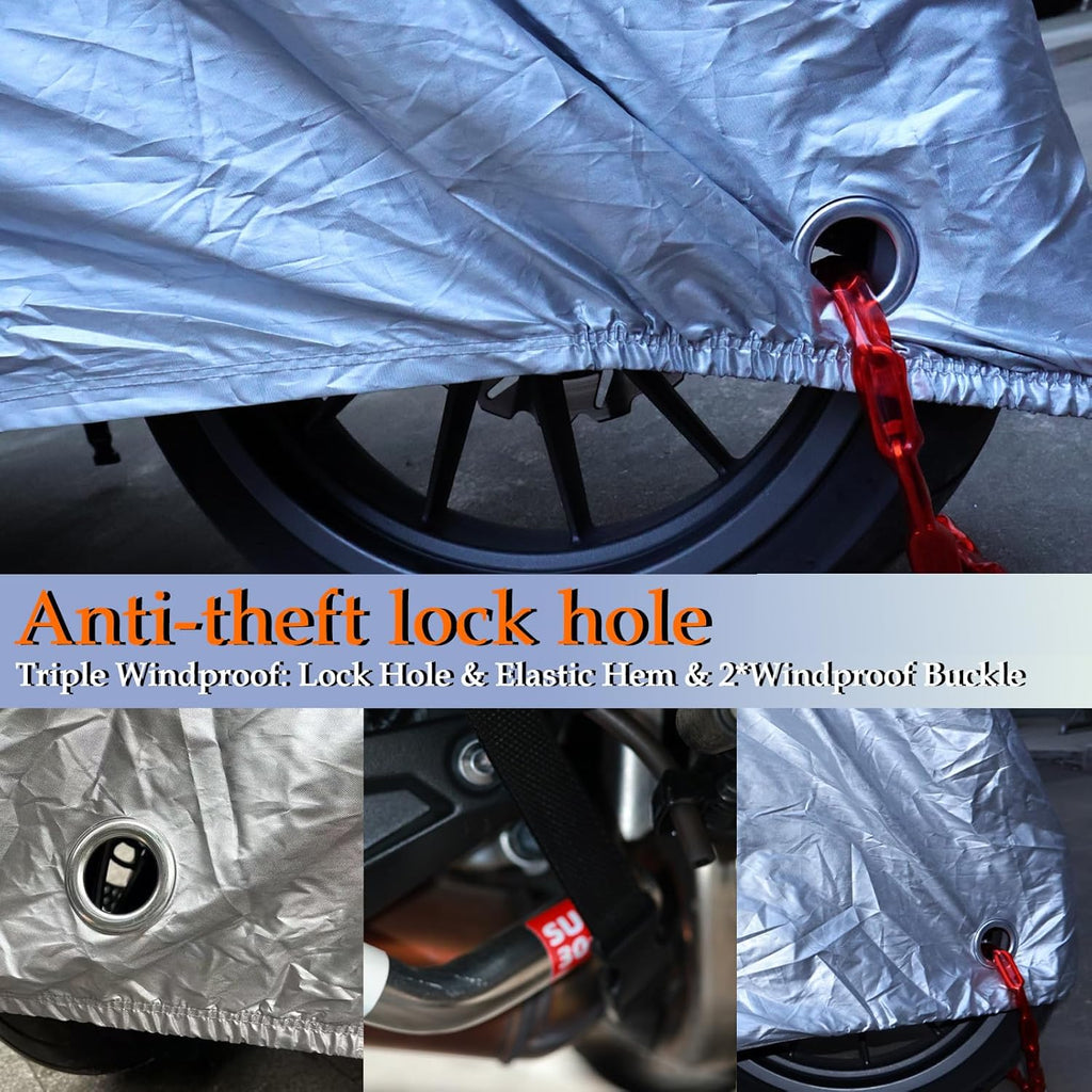 Motorcycle Cover, 210D Oxford Cloth, with Reflective Stripes, Waterproof Outdoor Protection, All-Weather Universal car Cover, with Lock Holes and Storage Bag. (Black Silver, 96.5")