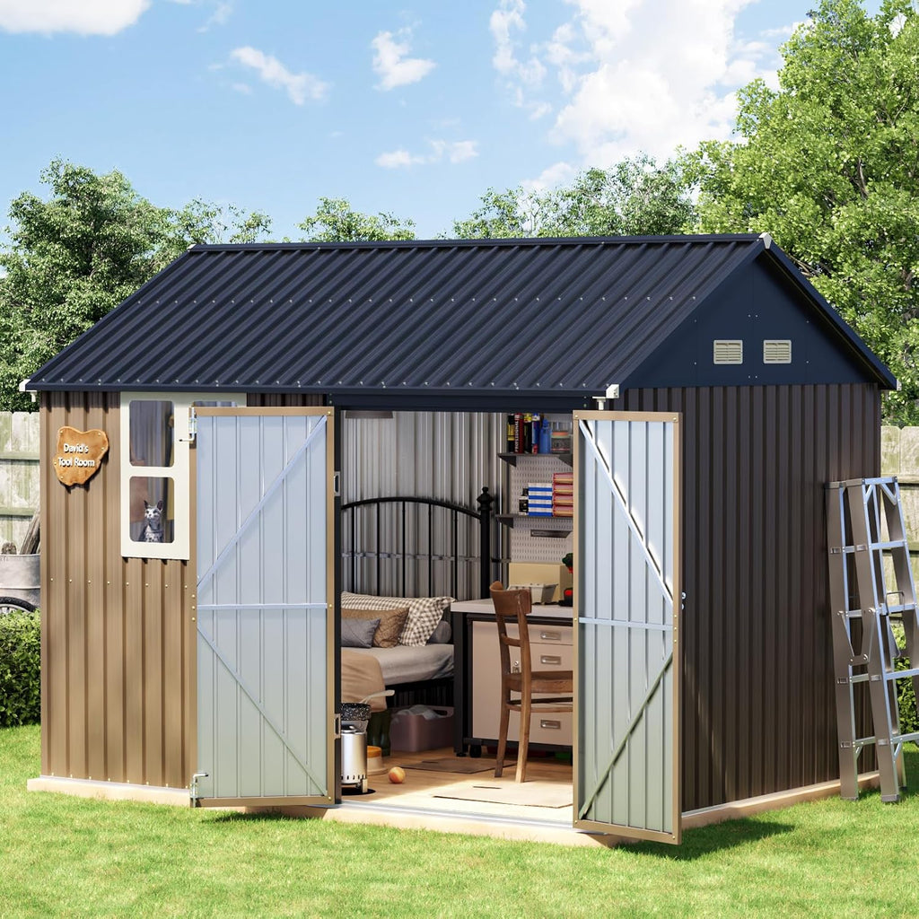 8x10 FT Outdoor Metal Storage Shed, Single Door, 1 Clear Window, Tool Shed for Garden, Patio, Backyard Brown