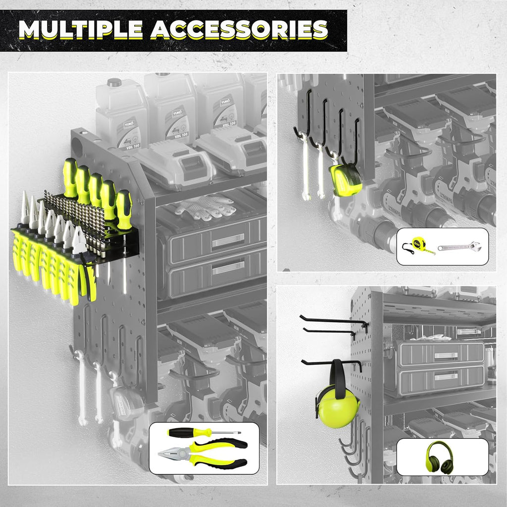 KAFAHOM Power Tool Organizer with Charging Station, Built in 8 Outlet Power Strip,Large 8 Drill Holder Wall Mount, Heavy Duty Metal Power Tool Storage Rack Tool Shelf for Garage Organization Black