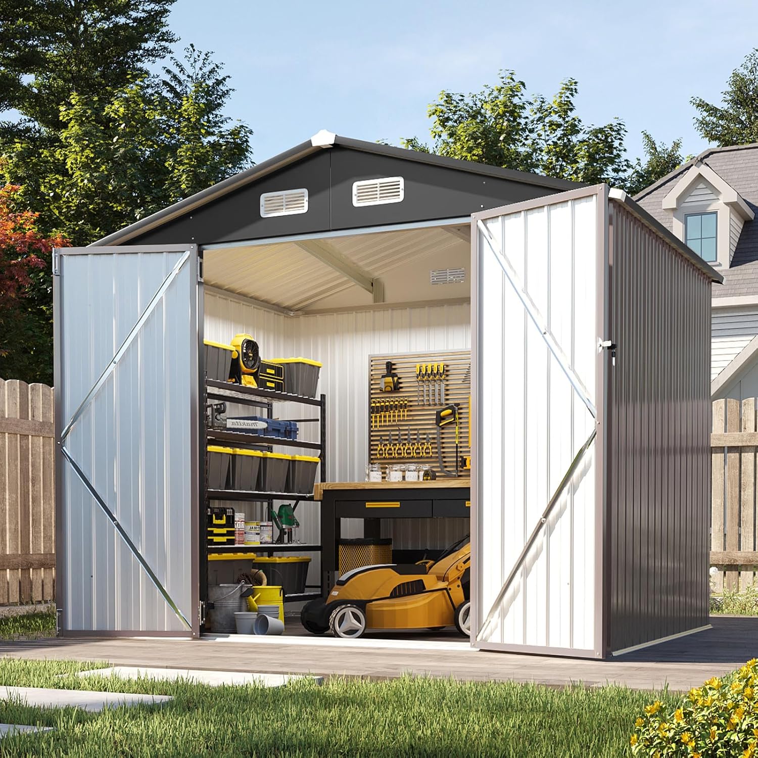 Aoxun 7x5 FT Outdoor Storage Shed Garden Metal Shed with Lockable Door Outdoor Large Shed for Tool, Garbage Can, Bike, Mower, Brown