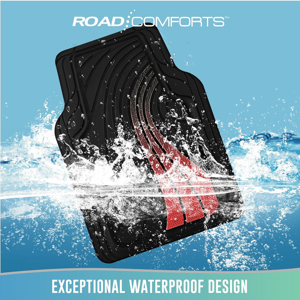 Road Comforts Car Floor Mats Full Set – Front & Rear Car Floor Mats with Aluminum Design, Anti-Slip Backing, All-Weather Protection, Trim-to-Fit Car Mats for Most Sedans, SUVs & Vans - Red