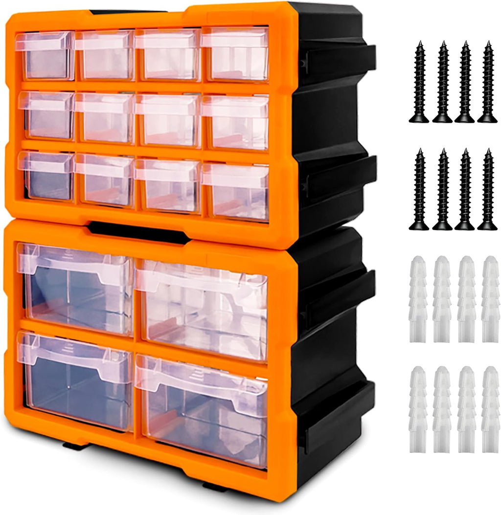 HORUSDY 16-Drawer Storage Cabinet, Wall Mountable Parts Organizer for Hardware, Tools, Screws, Beads, Crafts, Garage, and Office Storage, Customizable Dividable Drawers, Heavy-Duty & Durable