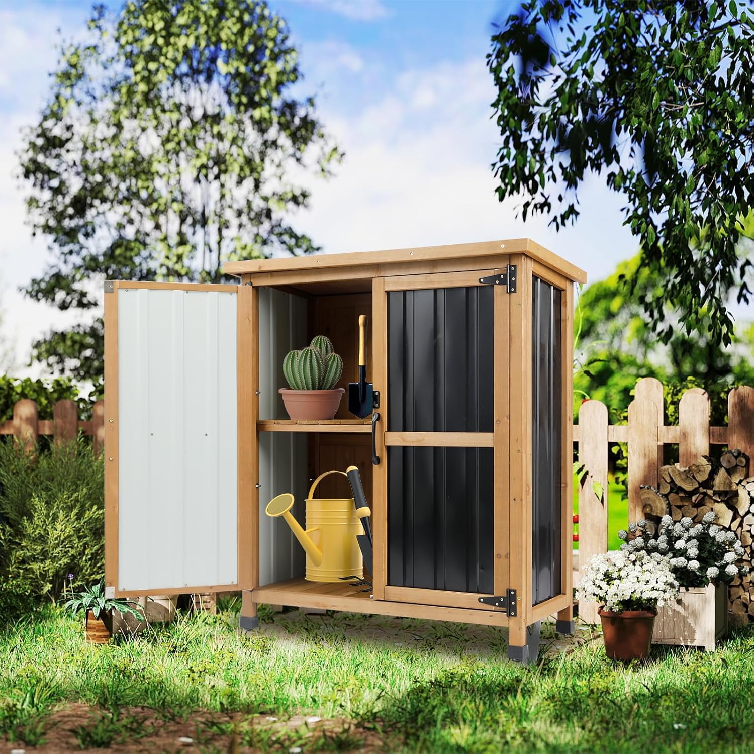 Outdoor Storage Cabinet Wood & Metal Small Storage Shed Waterproof Roof, Double Lockable Doors Garden Shed with Removable Shelves for Patio, Garden, Backyard, Lawn, 32" x 13" x 40" (Brown)
