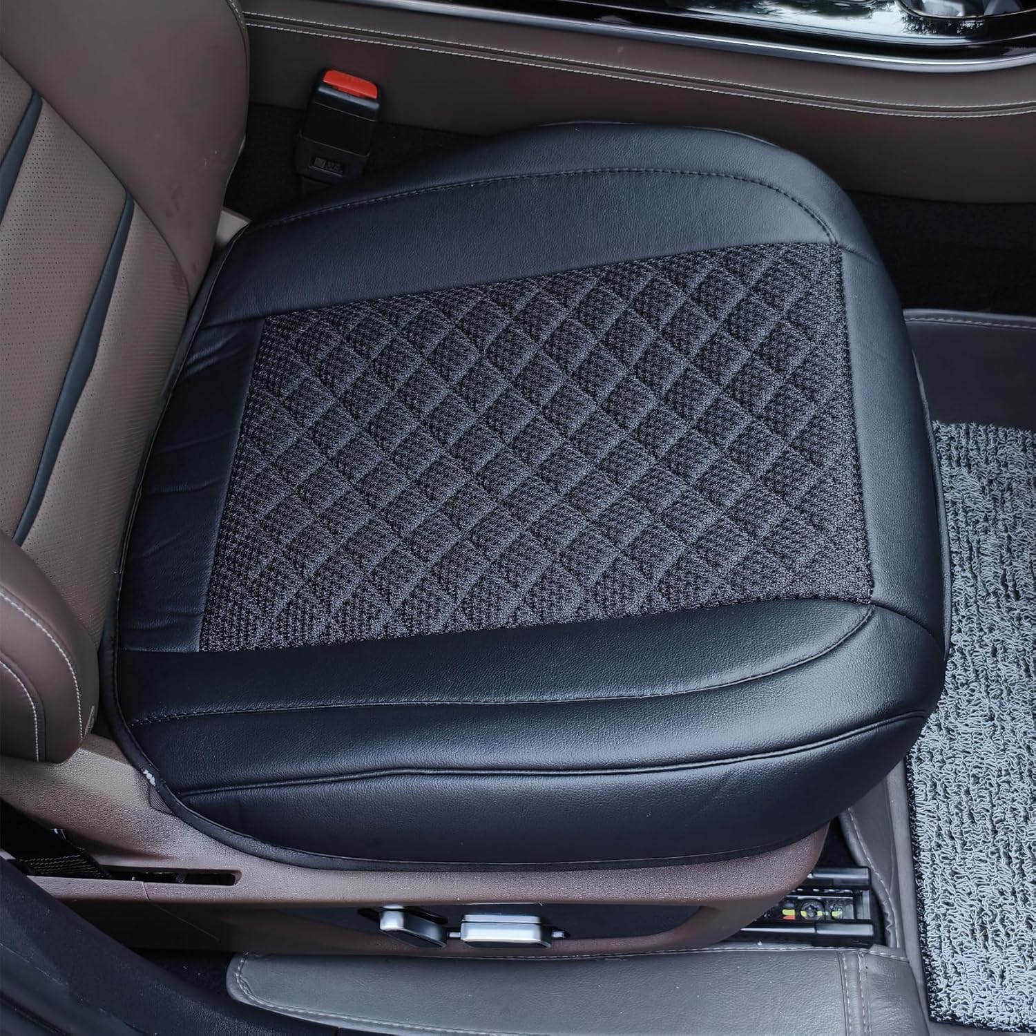 Leather Bottom Car Seat Covers,Front Seat Only Black Ice Silk Car Seat Cushion Pad Mat,Ventilated Breathable,Car Seat Protector for Leather Seats (1 Pack Black)