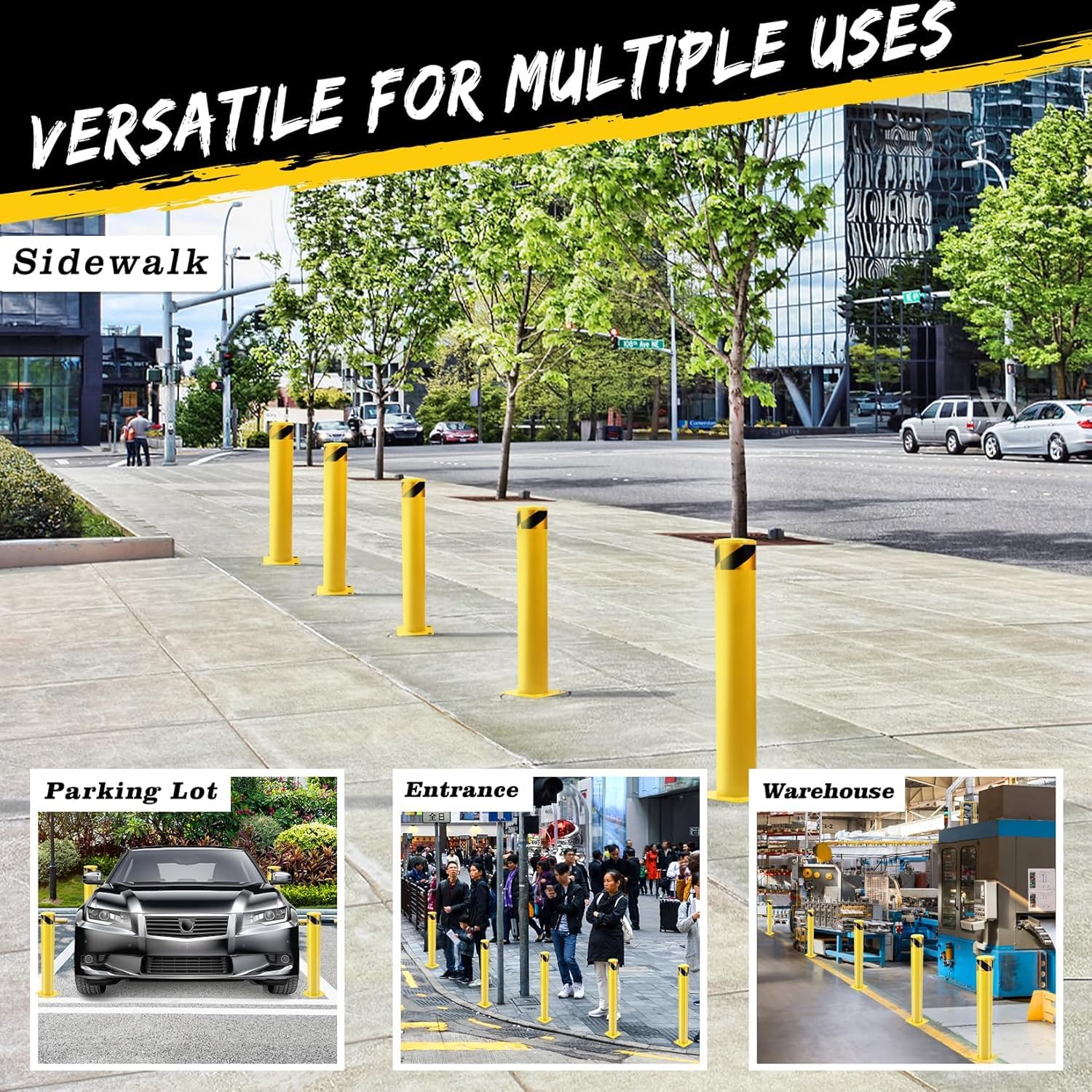 2 Pack Safety Bollard Post, 48 Inch Height 4.5 Inch Diameter Yellow Pipe Safety Steel Bollards with Anchor Bolts and Wrench, Steel Bollards for Road Warning Construction Traffic Control