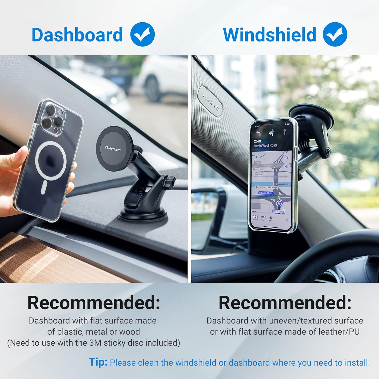 PROfezzion Suction Cup & Vent Clip Combo Magnetic Phone Holder Compatible with MagSafe on Car Dash, Windshield or Vent for iPhone 16 15 14 13 Pro Max Plus, Mag-Safe Case & All Phones [Telescopic Arm]