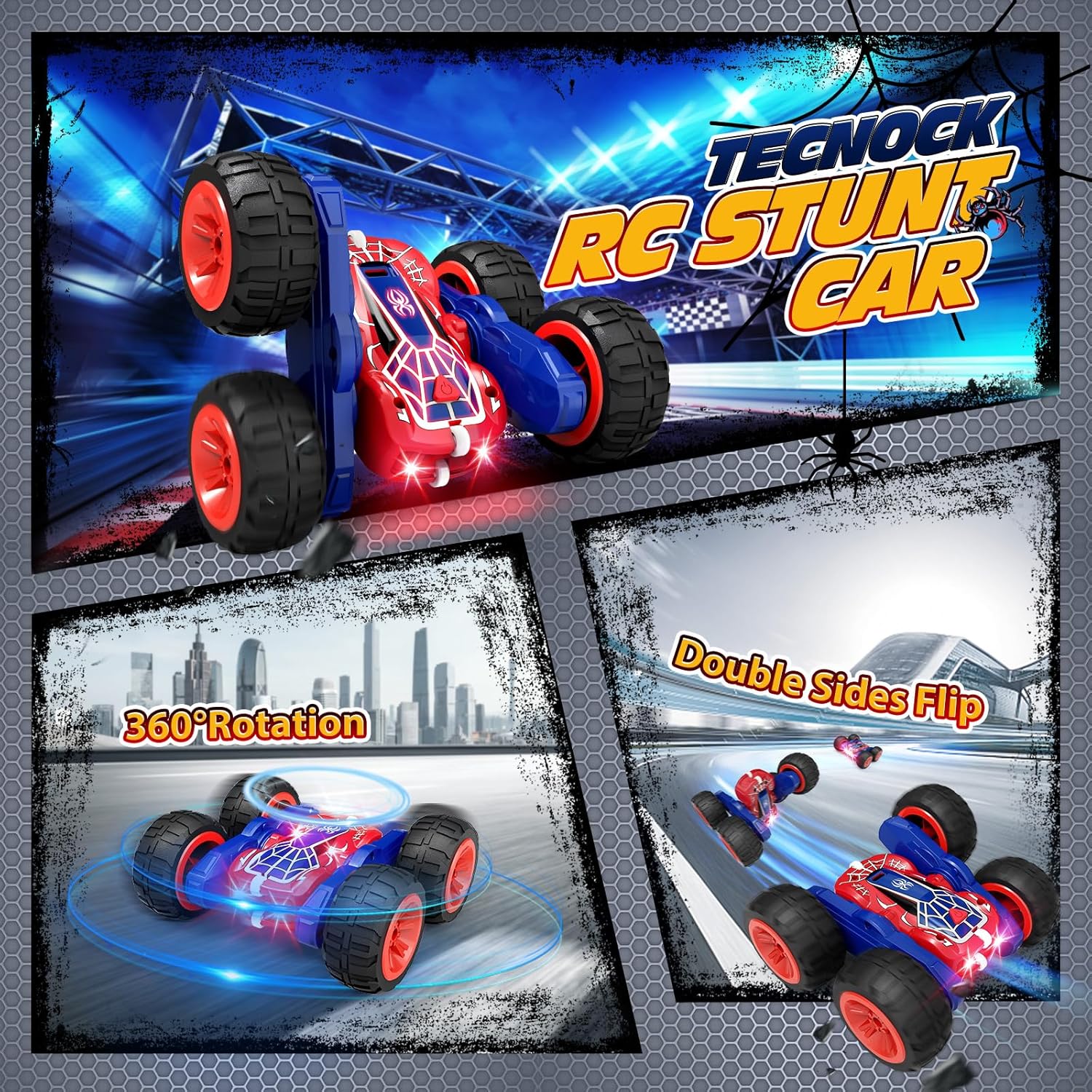 Tecnock Spider Remote Control Car, 2.4GHz RC Cars with USB-C Easy Charging, 4WD Double Sided 360° Rotates & Flips RC Stunt Car, Toys Gift for Boys and Girls