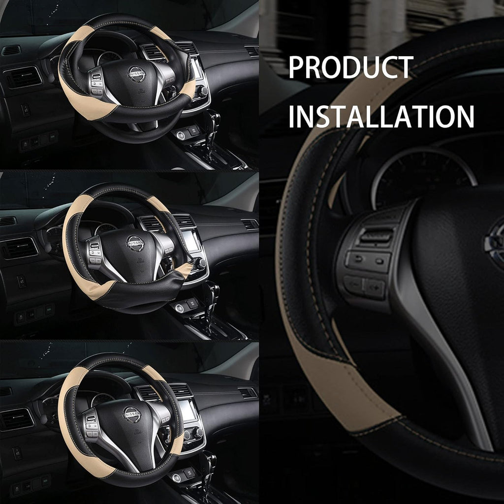 Leather Car Steering Wheel Cover, Non-Slip Car Wheel Cover Protector Breathable Microfiber Leather Universal Fit for Most Cars(Beige)