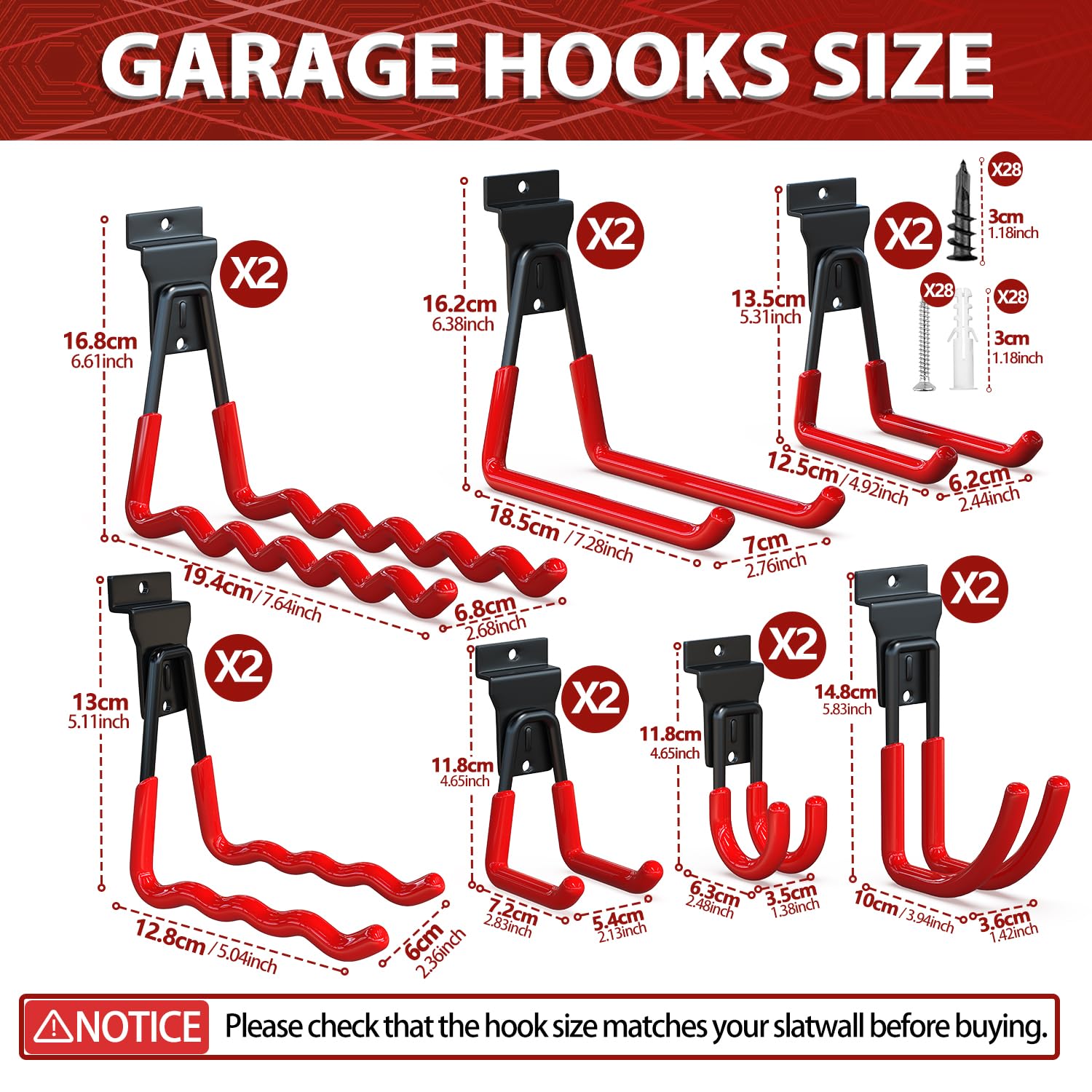 3-H Slatwall Accessories 14 Pack, Slatwall Hooks & Hangers 7 Sizes, Slat Wall Hanging Hooks, Proslat Accessories for Garage Wall Panels Organzing Garden Tools Chairs Ladder(Red)
