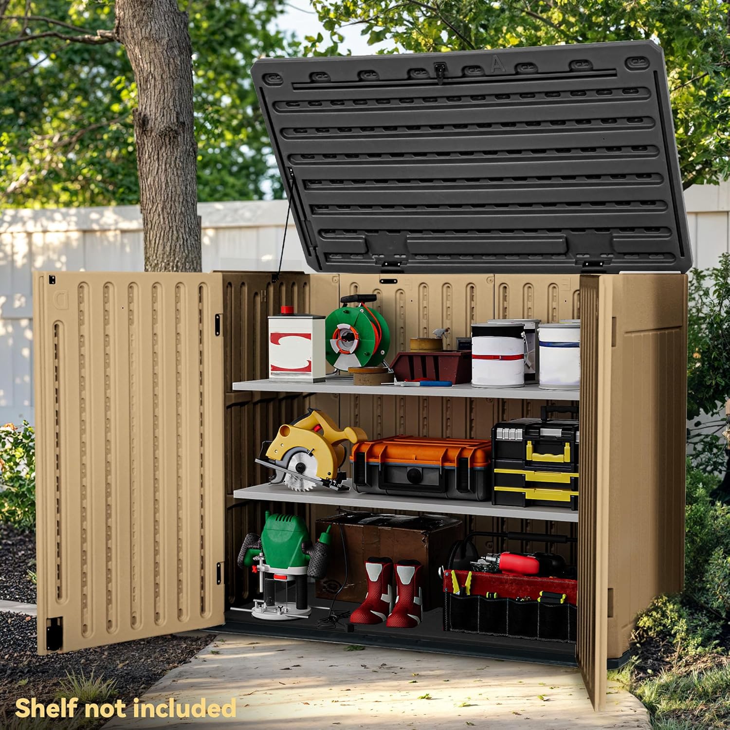 DWVO 47 cu ft Spacious Horizontal Storage Unit, Outdoor Resin Tool Locker Without Shelf, Waterproof Lockable Container with Base for Gardening, Waste Bins, Grass Cutter, 4.5x2.8x3.9 ft, Brown