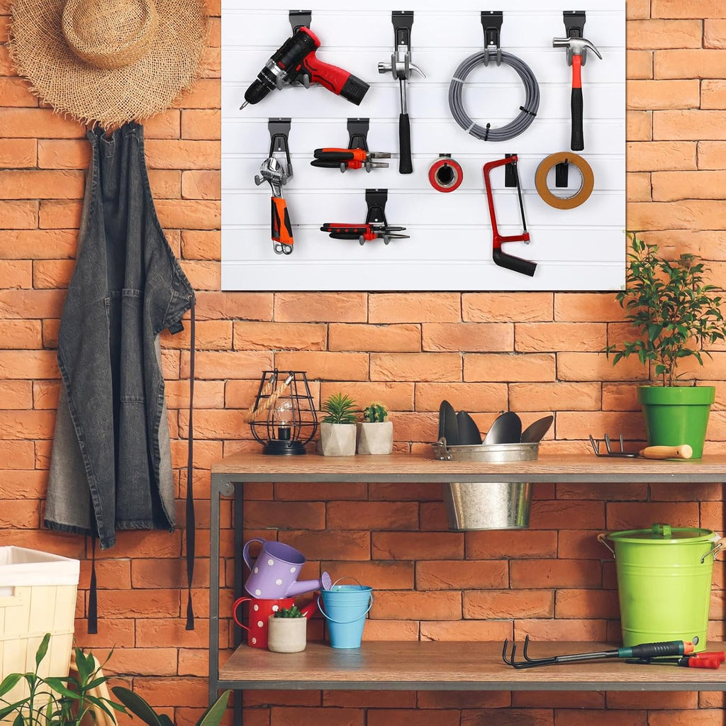 Landhoow 36 Pcs Slatwall Hooks & Hangers 32 Heavy Duty Slat Wall Hanging Hooks with 4 Storage Straps Assortment Slatwall Accessories for Storage Garage Wall Organization Garden Home (Grey)