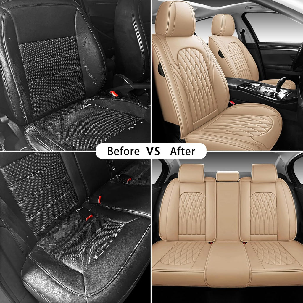WELLDO Car Seat Covers Full Set, Leather Seat Covers for Cars, Car Seat Protector Waterproof, Non-Slip Car Interior Covers Full Set Universal Automotive Seat Covers for Most Cars SUVs, Beige